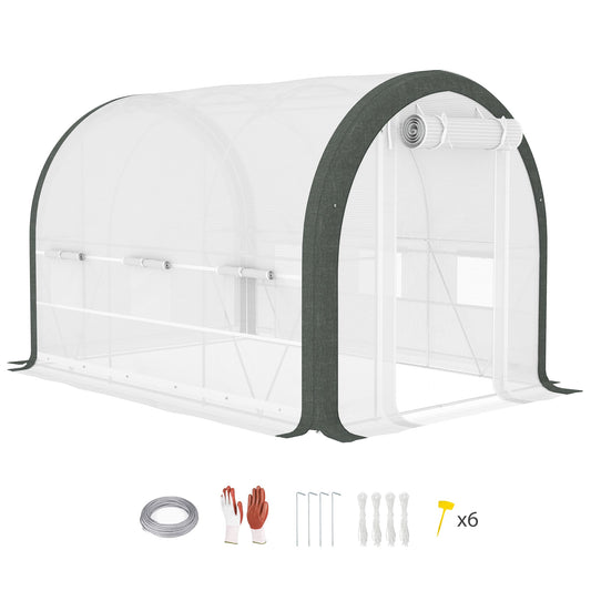 3 x 2(m) Walk-in Polytunnel Greenhouse with Upgraded Structure, Zipped Roll Up Mesh Door, 6 Mesh Windows, Tunnel Warm House Tent with PE Cover, 6 Plant Labels and Gloves, White