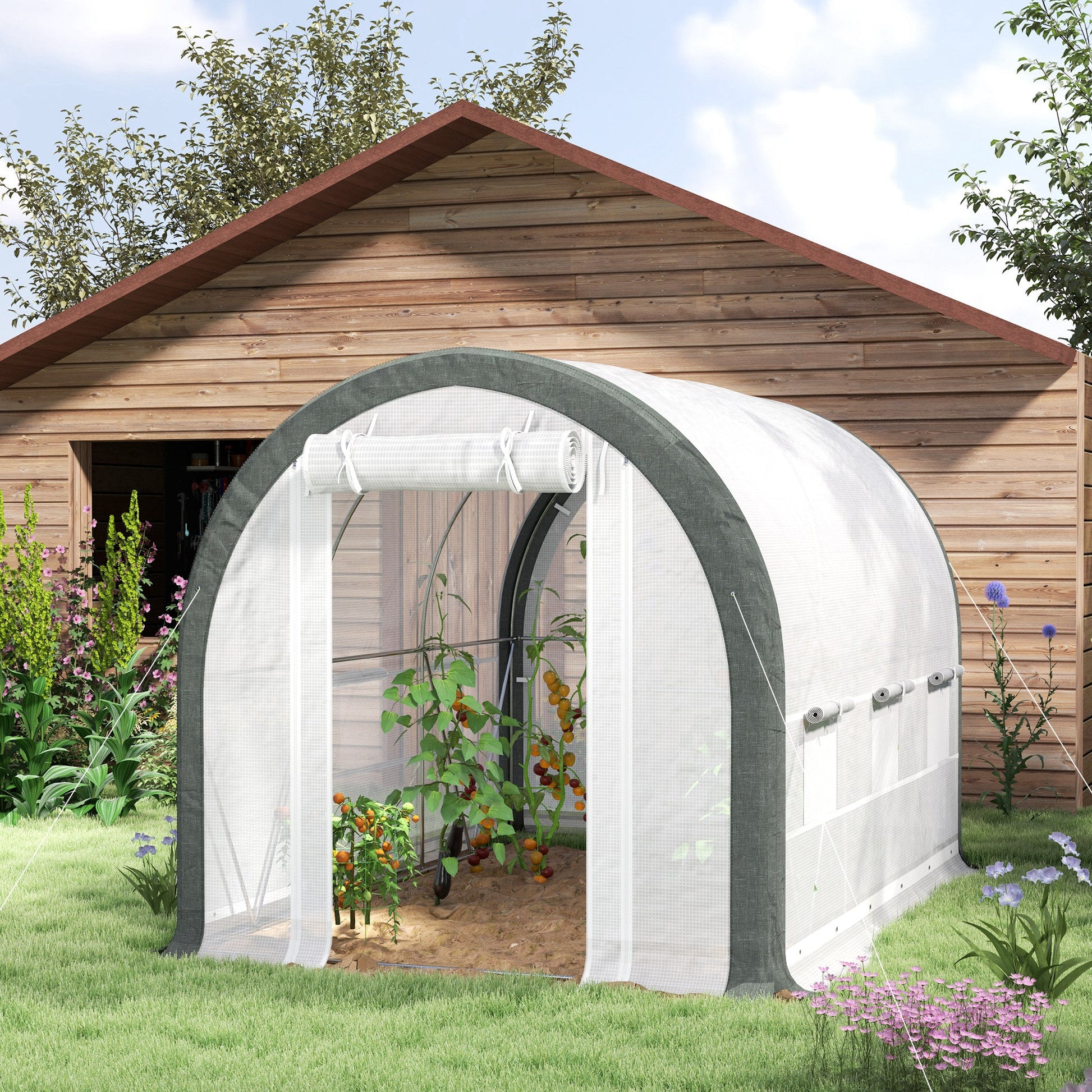 3 x 2(m) Walk-in Polytunnel Greenhouse with Upgraded Structure, Zipped Roll Up Mesh Door, 6 Mesh Windows, Tunnel Warm House Tent with PE Cover, 6 Plant Labels and Gloves, White