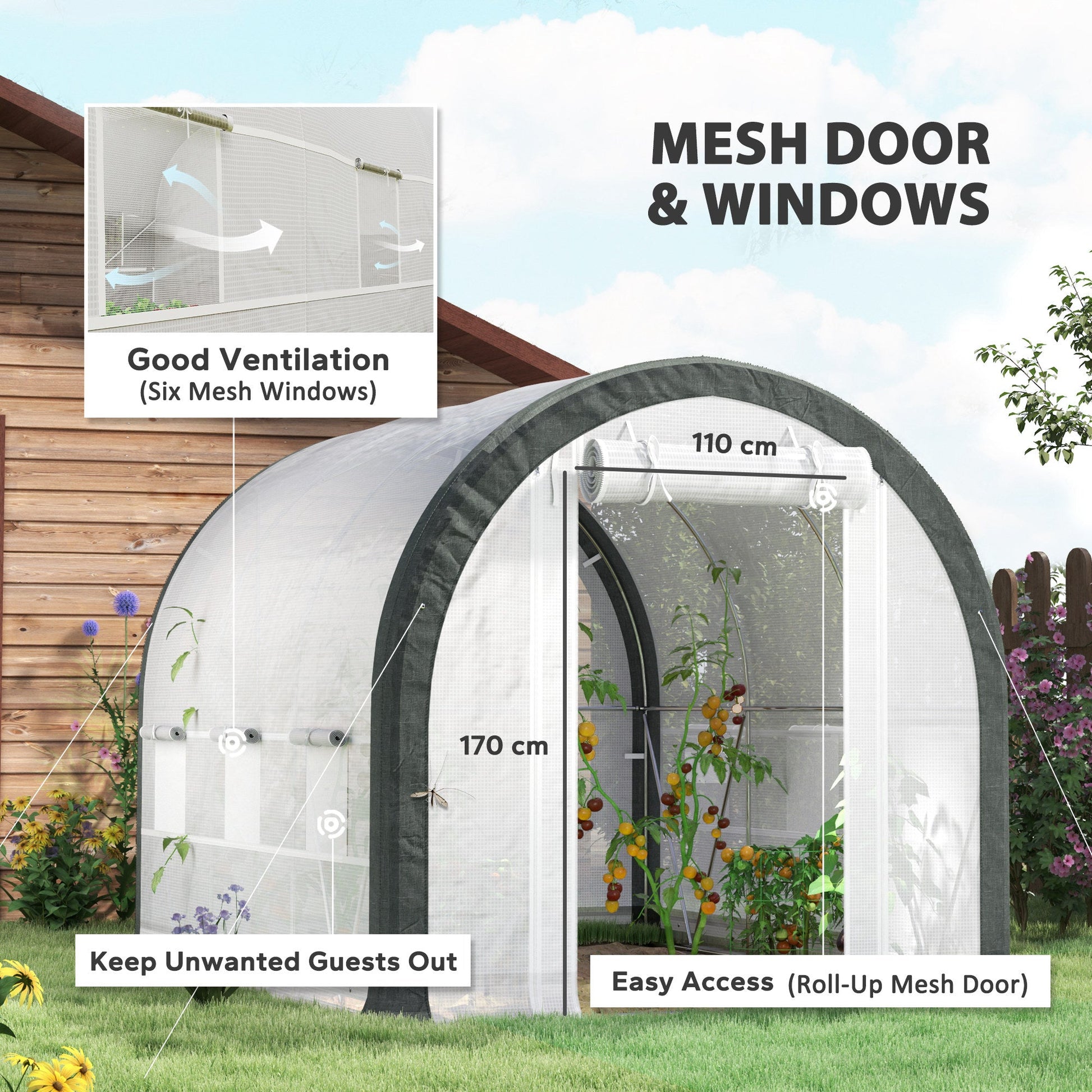 3 x 2(m) Walk-in Polytunnel Greenhouse with Upgraded Structure, Zipped Roll Up Mesh Door, 6 Mesh Windows, Tunnel Warm House Tent with PE Cover, 6 Plant Labels and Gloves, White