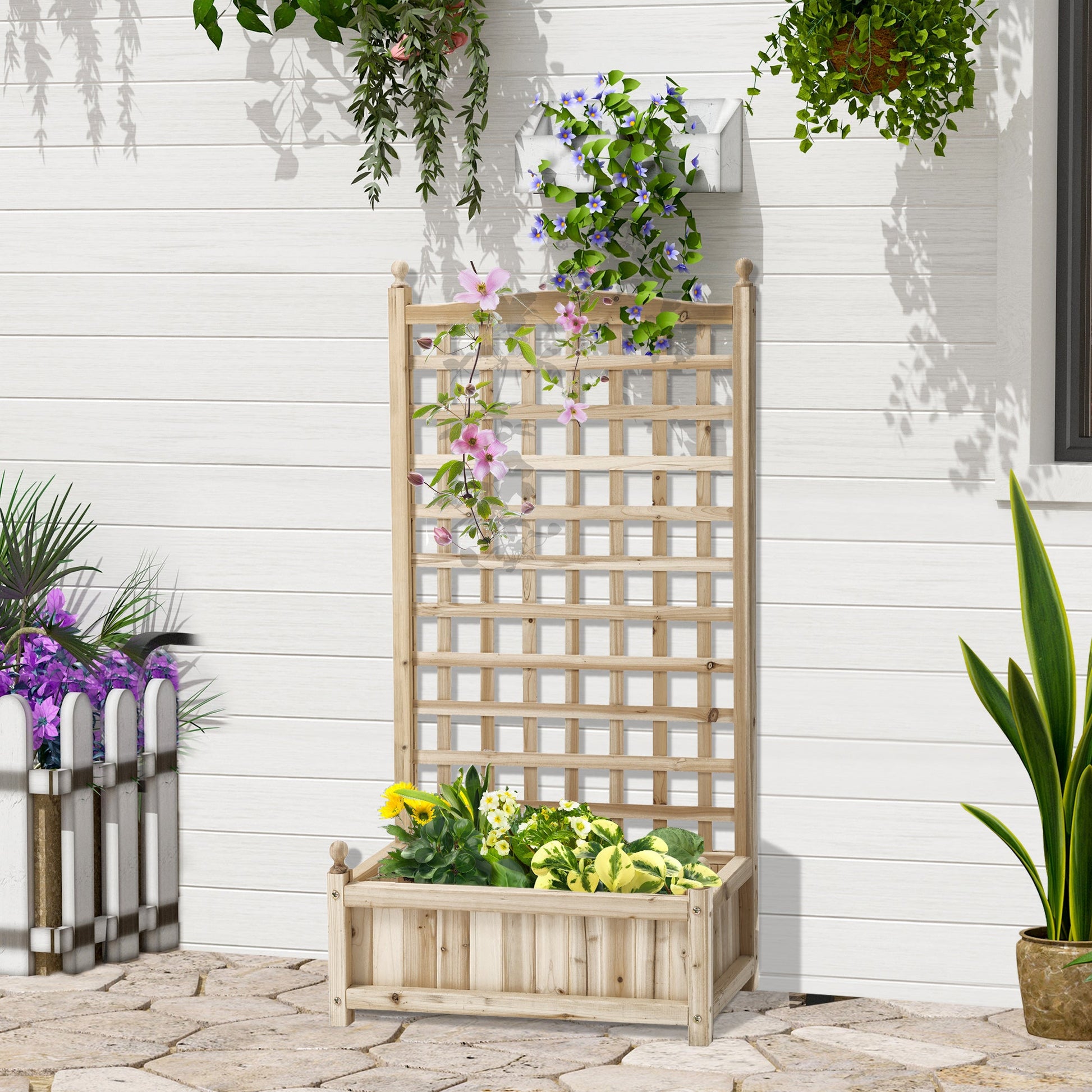 Garden Planters with Trellis for Climbing Vines, Wooden Raised Beds for Garden, Free Standing Flower Pot, Indoor Outdoor Display Rack, 64 x 28 x 120 cm, Natural