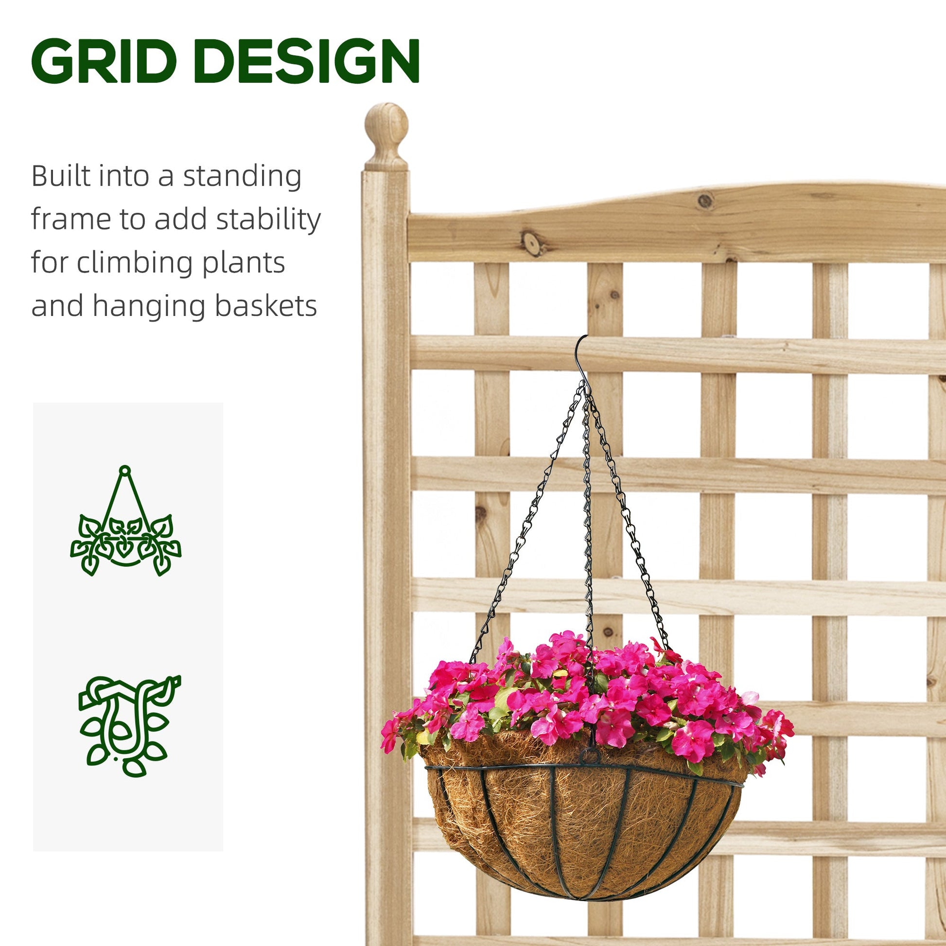 Garden Planters with Trellis for Climbing Vines, Wooden Raised Beds for Garden, Free Standing Flower Pot, Indoor Outdoor Display Rack, 64 x 28 x 120 cm, Natural