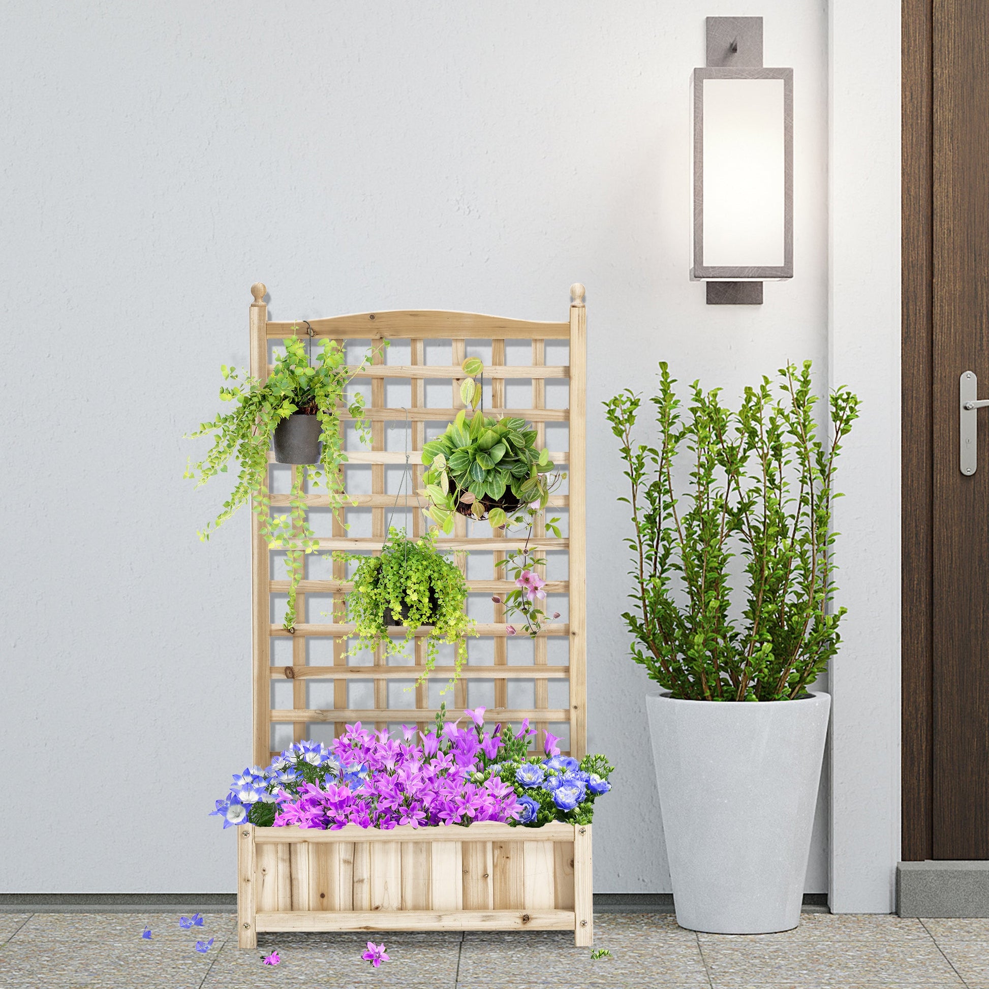 Garden Planters with Trellis for Climbing Vines, Wooden Raised Beds for Garden, Free Standing Flower Pot, Indoor Outdoor Display Rack, 64 x 28 x 120 cm, Natural