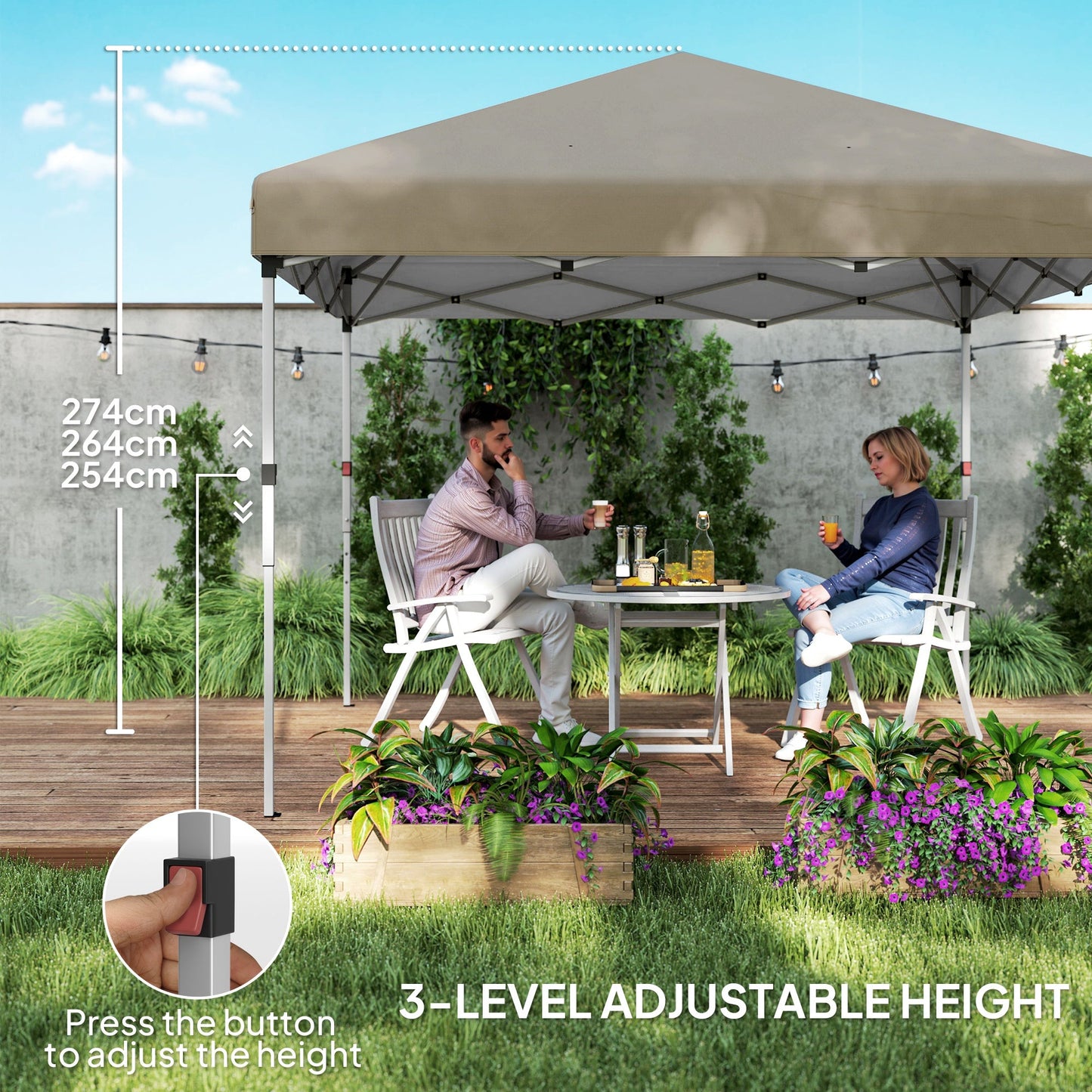 3 x 3 (M) Pop Up Gazebo, UPF 30+ with 2 Sidewalls, Leg Weight Bags and Wheeled Bag, Height Adjustable Party Tent Event Shelter for Garden, Patio, Khaki