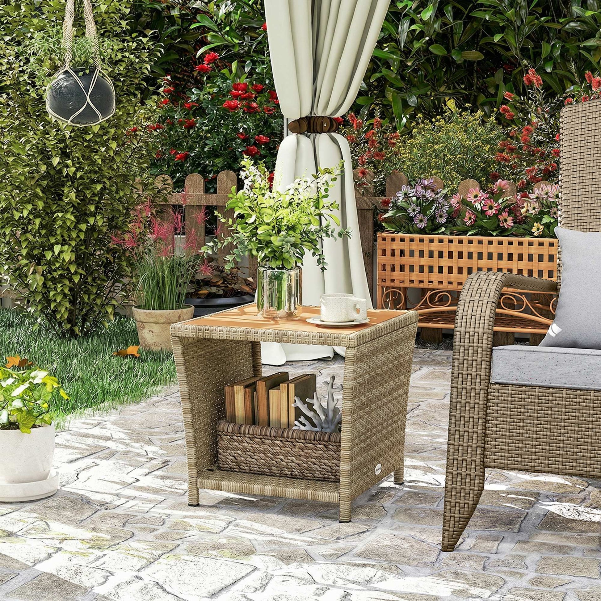 2-Tier PE Rattan Side Table with Storage Shelf, Square Outdoor Coffee Table with PS Wood Slat Top, UV-Resistant for Patio, Garden, Balcony, Khaki