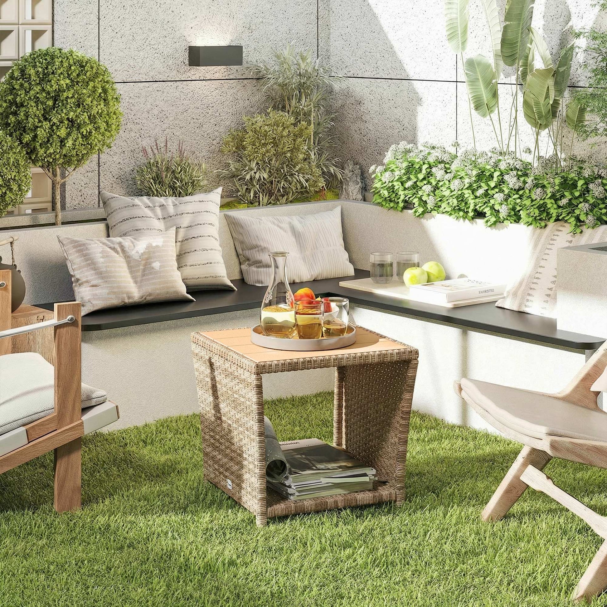 2-Tier PE Rattan Side Table with Storage Shelf, Square Outdoor Coffee Table with PS Wood Slat Top, UV-Resistant for Patio, Garden, Balcony, Khaki