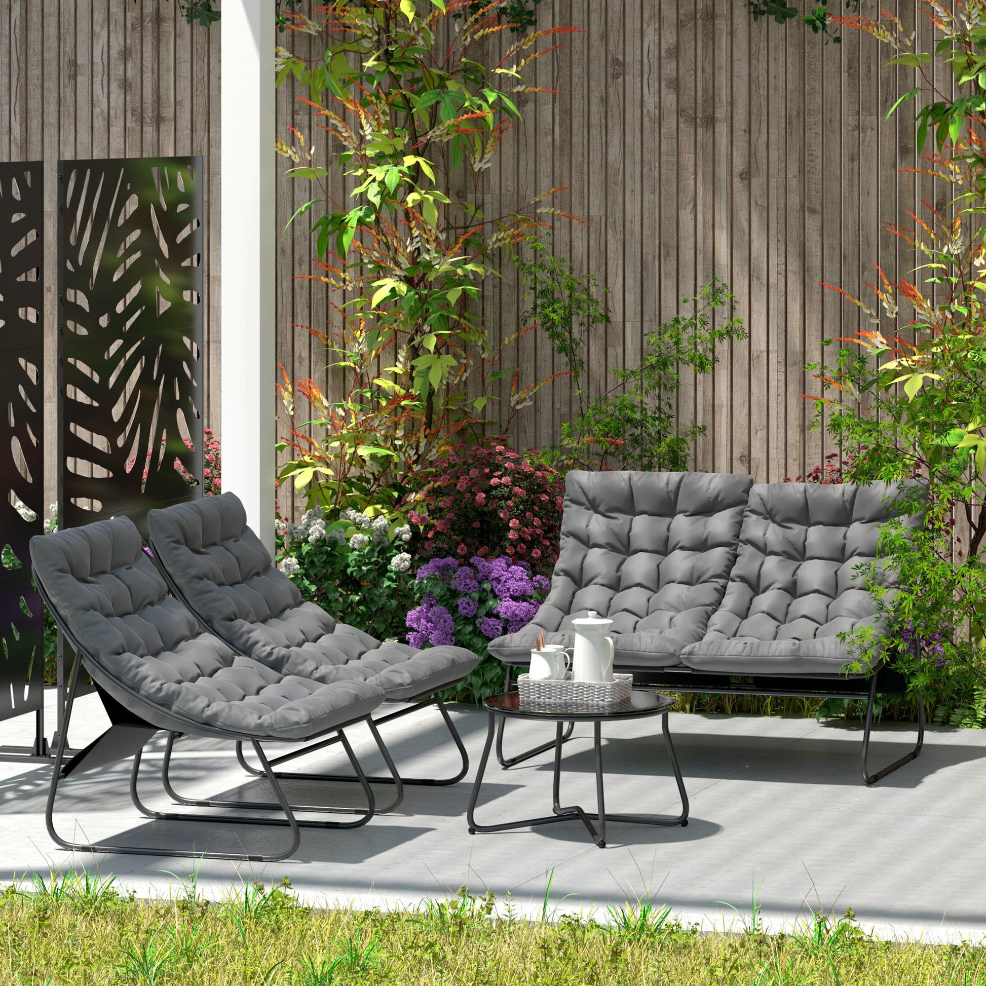 4 Seater Garden Furniture Set, Conversation Set with Loveseat Sofa, Chairs, Glass Coffee Table, Thick Cushions, Steel Outdoor Sofa for Balcony, Poolside, Conservatory, Grey