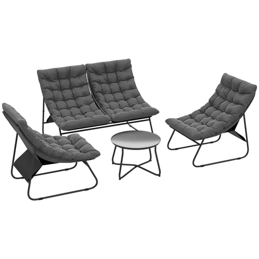 4 Seater Garden Furniture Set, Conversation Set with Loveseat Sofa, Chairs, Glass Coffee Table, Thick Cushions, Steel Outdoor Sofa for Balcony, Poolside, Conservatory, Grey