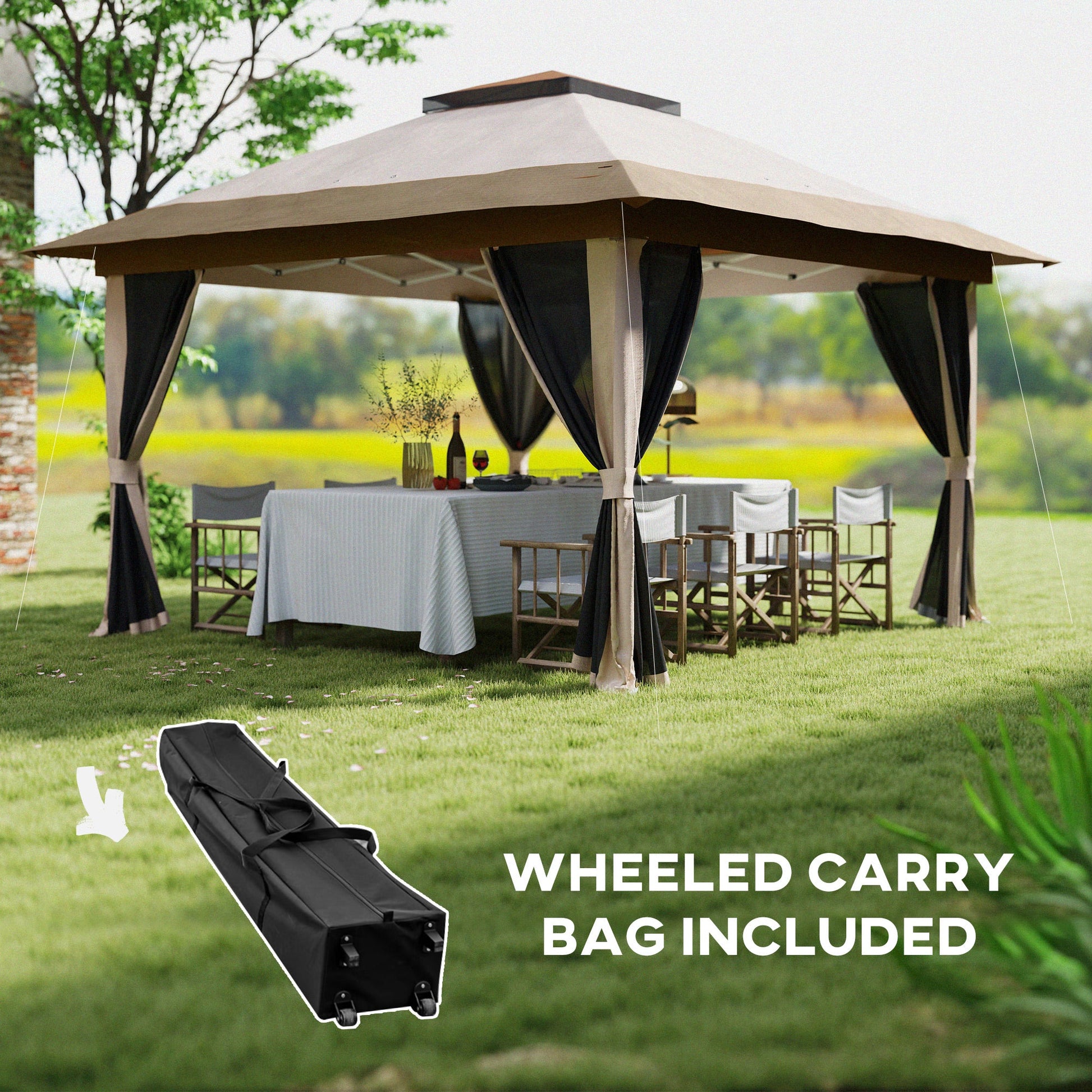 3.6 x 3.6m Pop Up Gazebo with Mesh Sides, UPF50+ Height Adjustable Party Tent Instant Event Shelter with Wheeled Carry Bag and Sand Bags for Garden, Patio, Beige