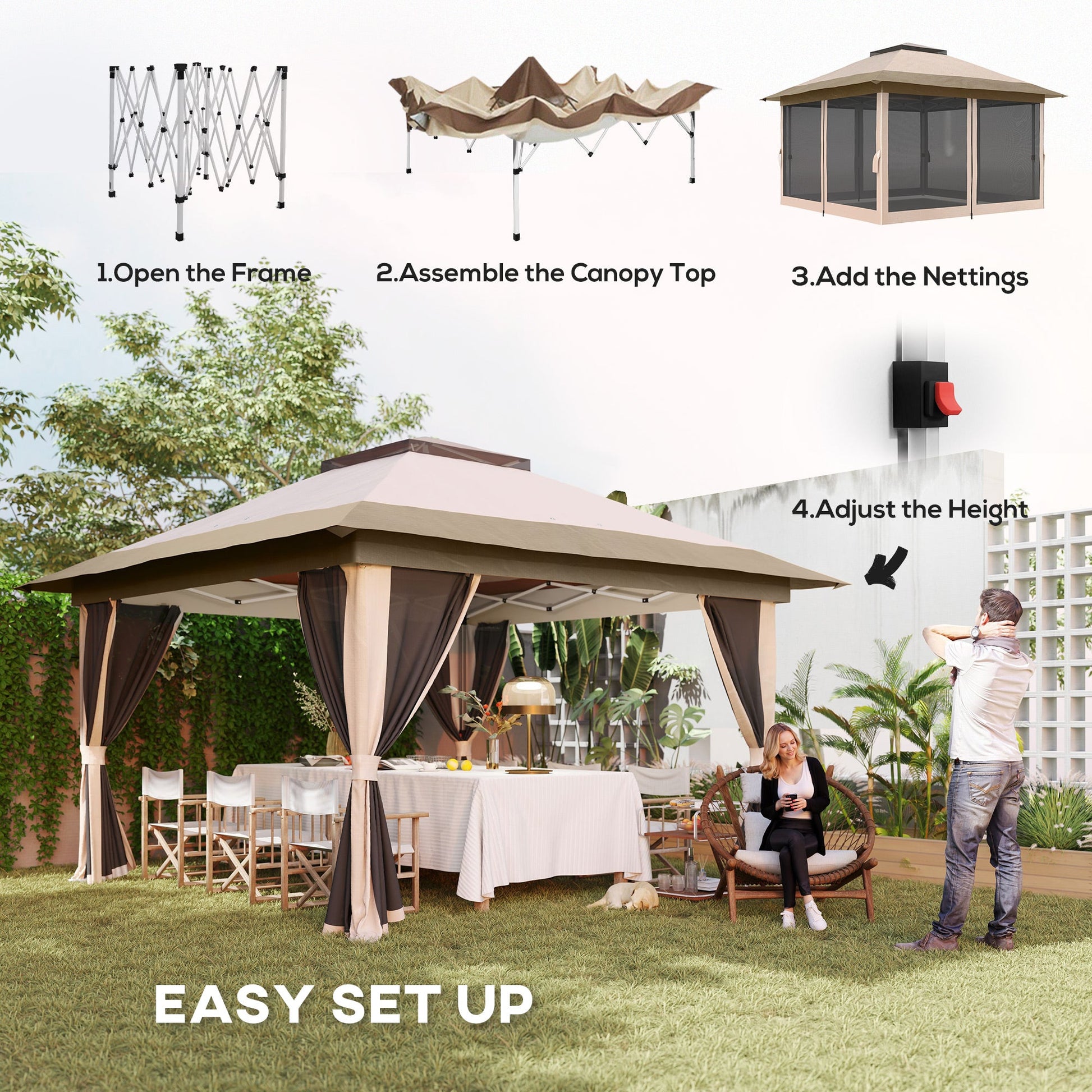 3.6 x 3.6m Pop Up Gazebo with Mesh Sides, UPF50+ Height Adjustable Party Tent Instant Event Shelter with Wheeled Carry Bag and Sand Bags for Garden, Patio, Beige