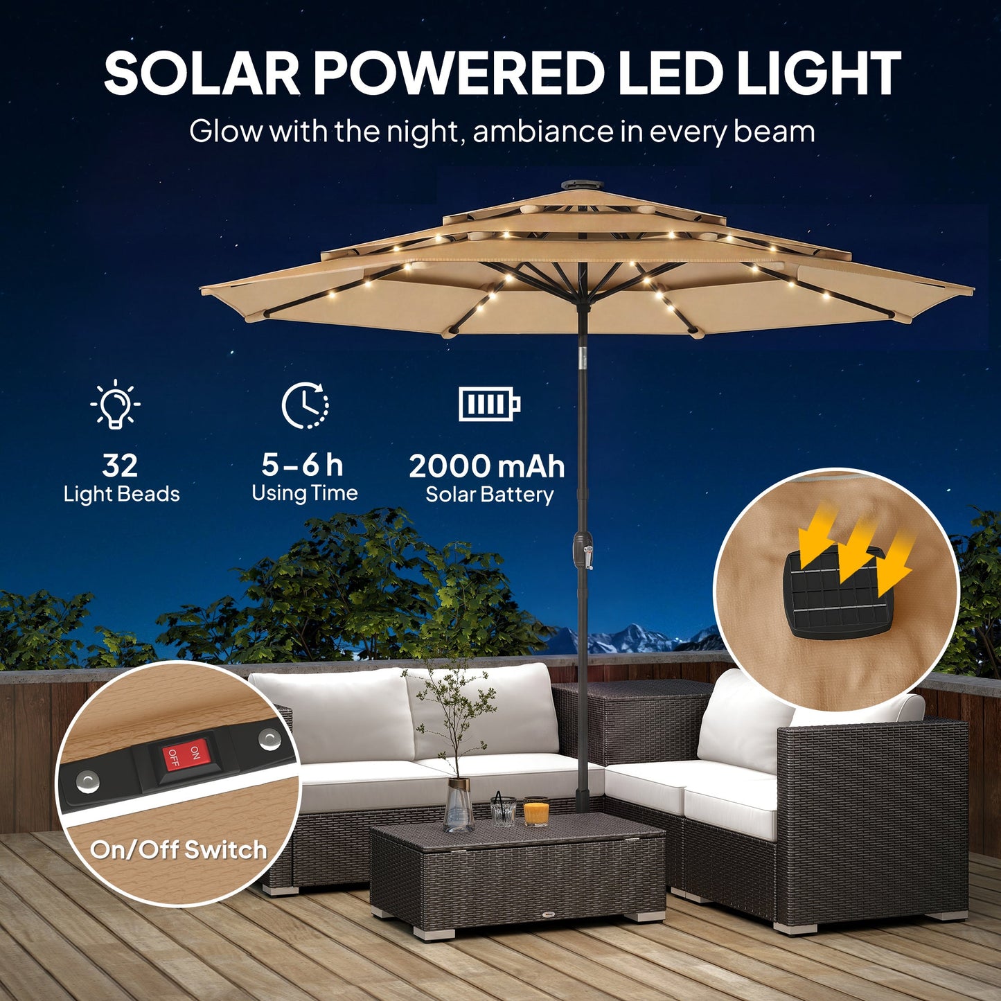 2.8 m Garden Parasol Umbrella with LED Solar Light, Parasol Cover, 3 Tier Outdoor Table Market Patio Umbrella Sun Shade with Tilt and Crank, 8 Ribs, Khaki