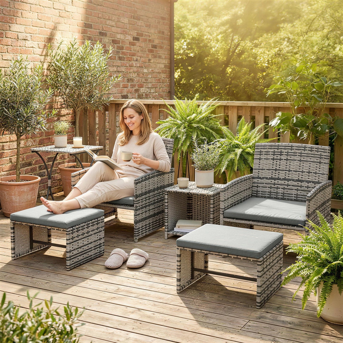 6 Piece Rattan Garden Furniture Set, Space-Saving Patio Furniture Conversation Set with 2 Nesting Tables, 2 Chairs, 2 Footstools, Wicker Outdoor Sofa with Cushions for Balcony Porch, Grey