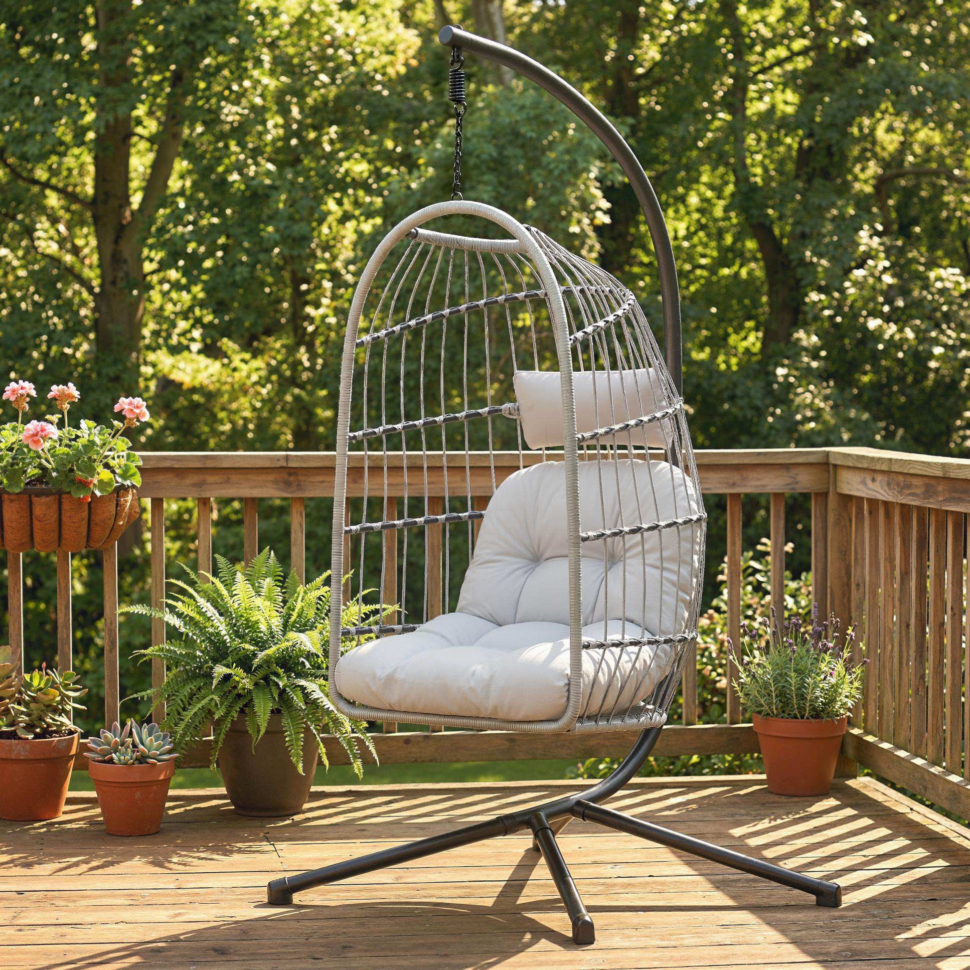 Hanging Egg Chair, Indoor Outdoor Hammock Swing Chair with Stand, Safety Strap, Foldable Basket, Thick Cushions, Headrest, Adjustable Height, Metal Frame for Garden Balcony, Light Grey