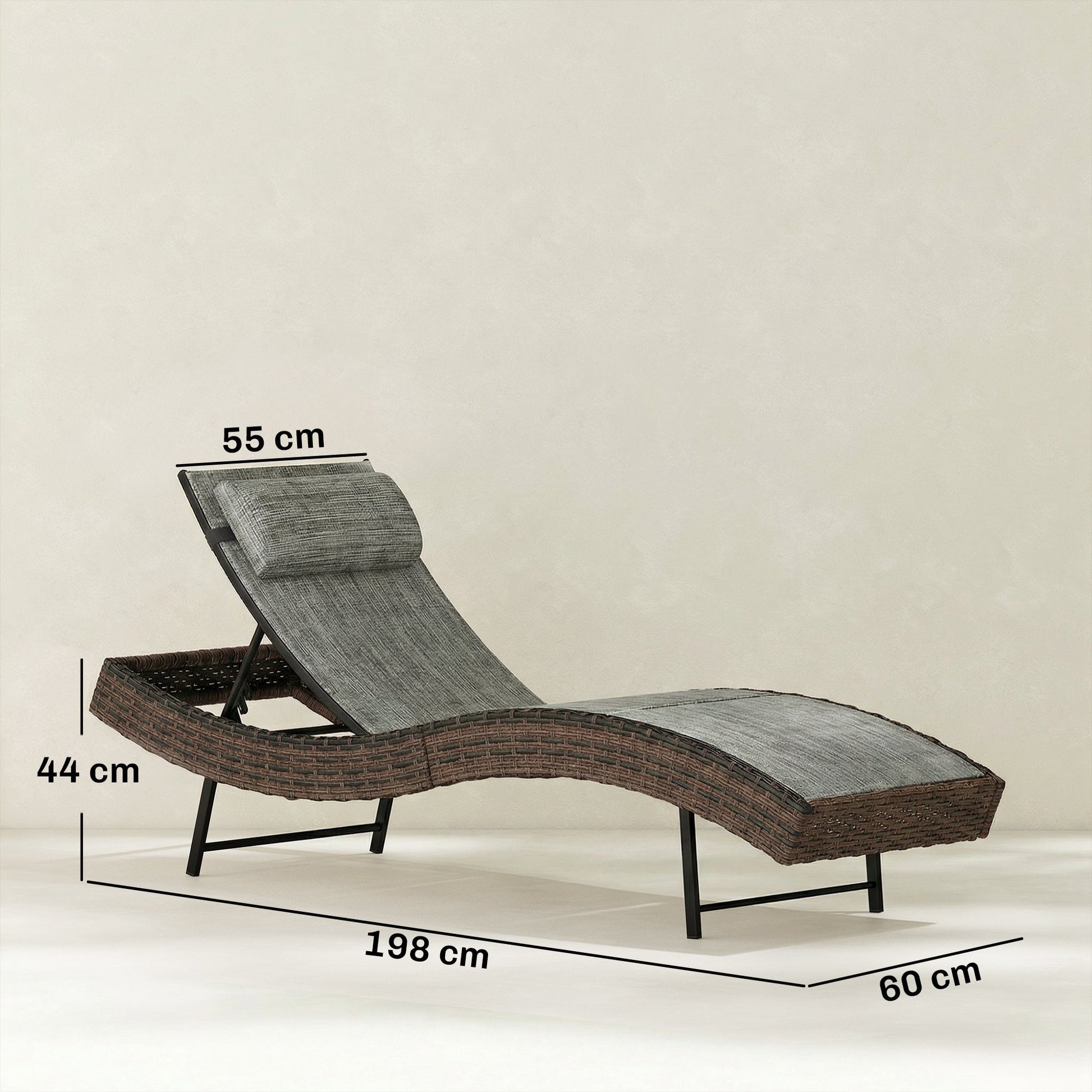 Rattan Sun Lounger, 5 Position Adjustable Garden Lounger Recliner with S Shaped Texteline Seat and Headrest, Reclining Outdoor Sunbed with Metal Frame for Patio, Terrace, Brown