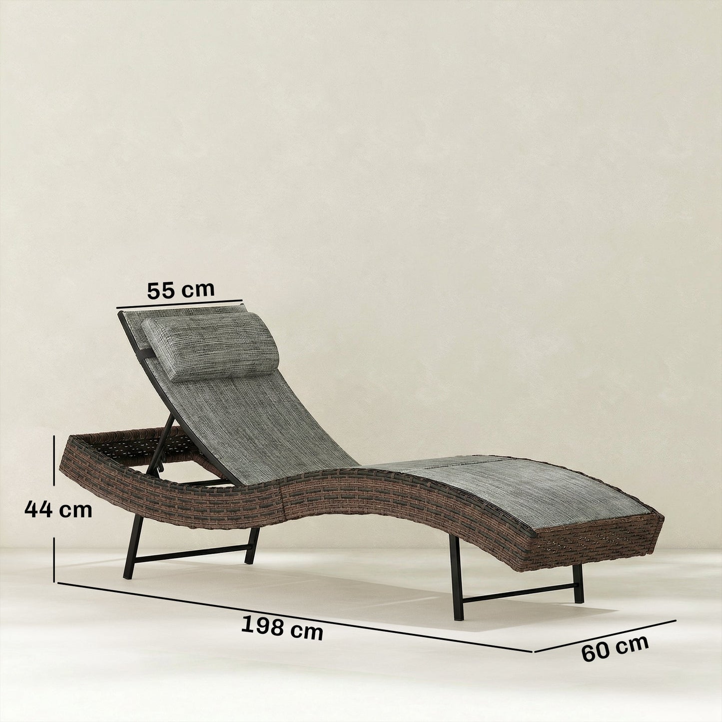 Rattan Sun Lounger, 5 Position Adjustable Garden Lounger Recliner with S Shaped Texteline Seat and Headrest, Reclining Outdoor Sunbed with Metal Frame for Patio, Terrace, Brown