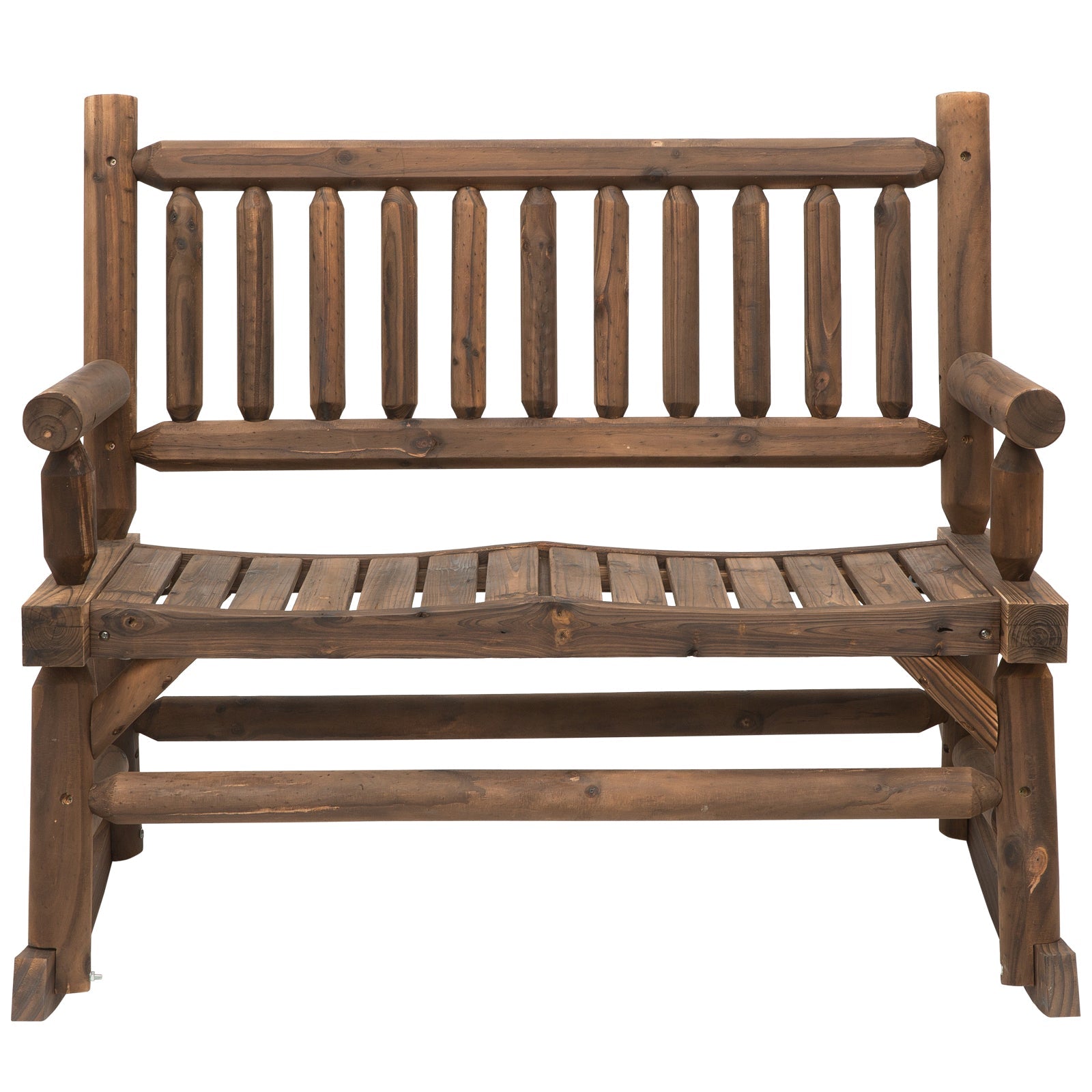Garden 2-Seater Rocking Bench Wood Frame Rough-Cut Log Loveseat Slatted High Back Rustic Style with Armrests Garden Outdoor Furniture - Dark Stain Brown
