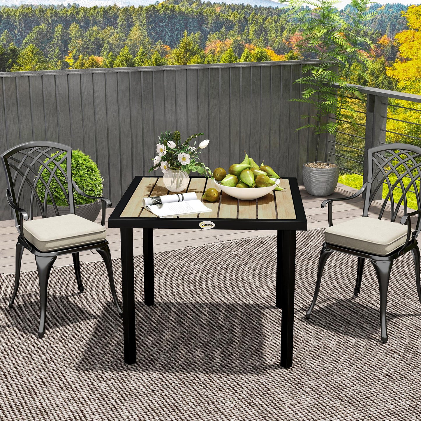 Garden Table for 4 Person, Square 86 x 86 x 71cm Patio Outdoor Dining Table with 5.4cm Parasol Hole, Easy Clean Slatted Top, Metal Frame, for Balcony, Deck, Brown