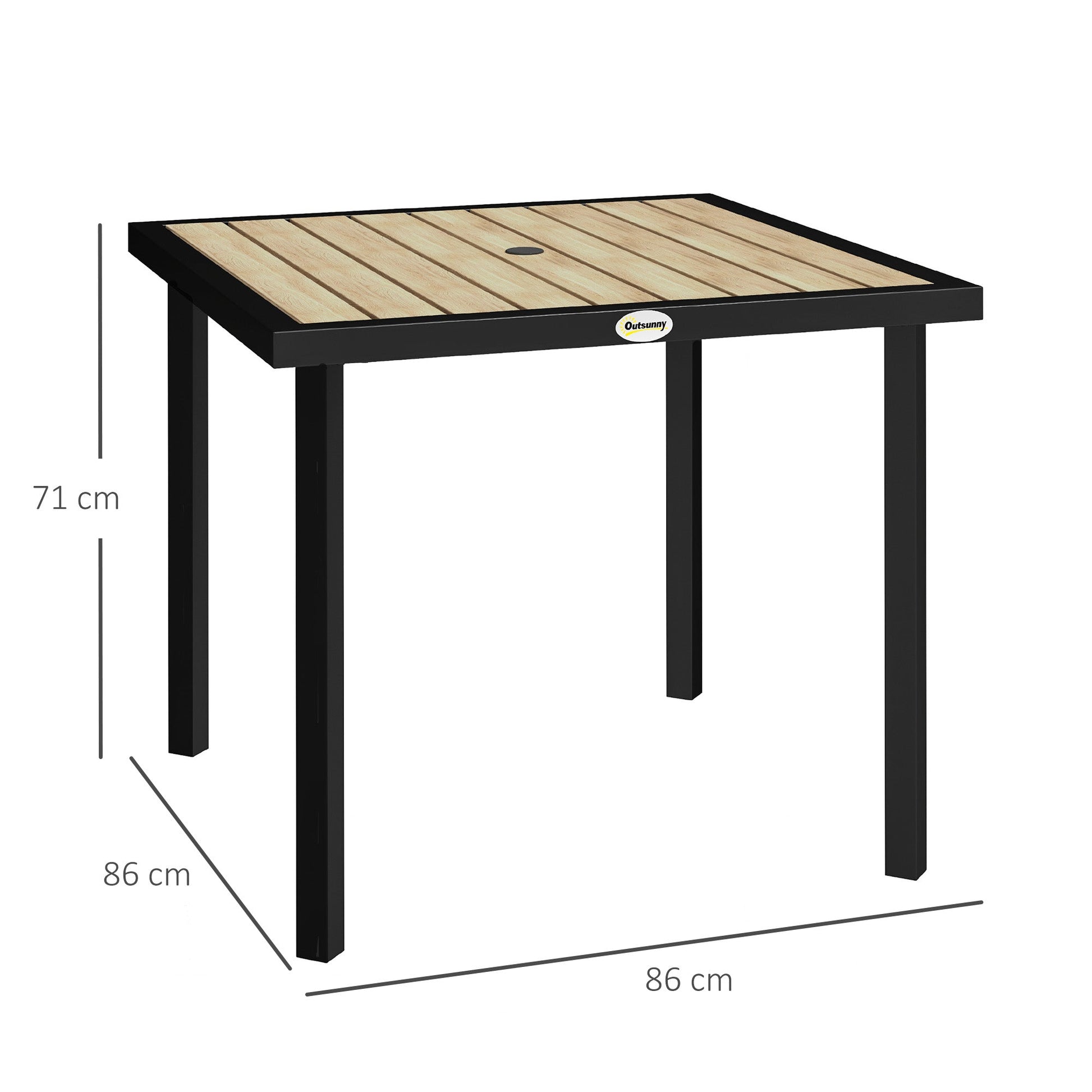 Garden Table for 4 Person, Square 86 x 86 x 71cm Patio Outdoor Dining Table with 5.4cm Parasol Hole, Easy Clean Slatted Top, Metal Frame, for Balcony, Deck, Brown