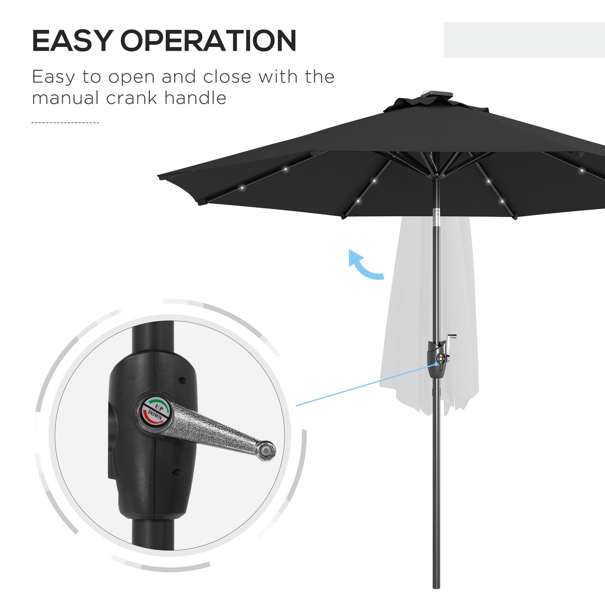 Φ2.7m Garden 24 LED Light Parasol Solar Outdoor Tilt Sun Umbrella Patio Club Party Event Manual Sun Shade w/ Hand Crank and 8 Ribs, Black