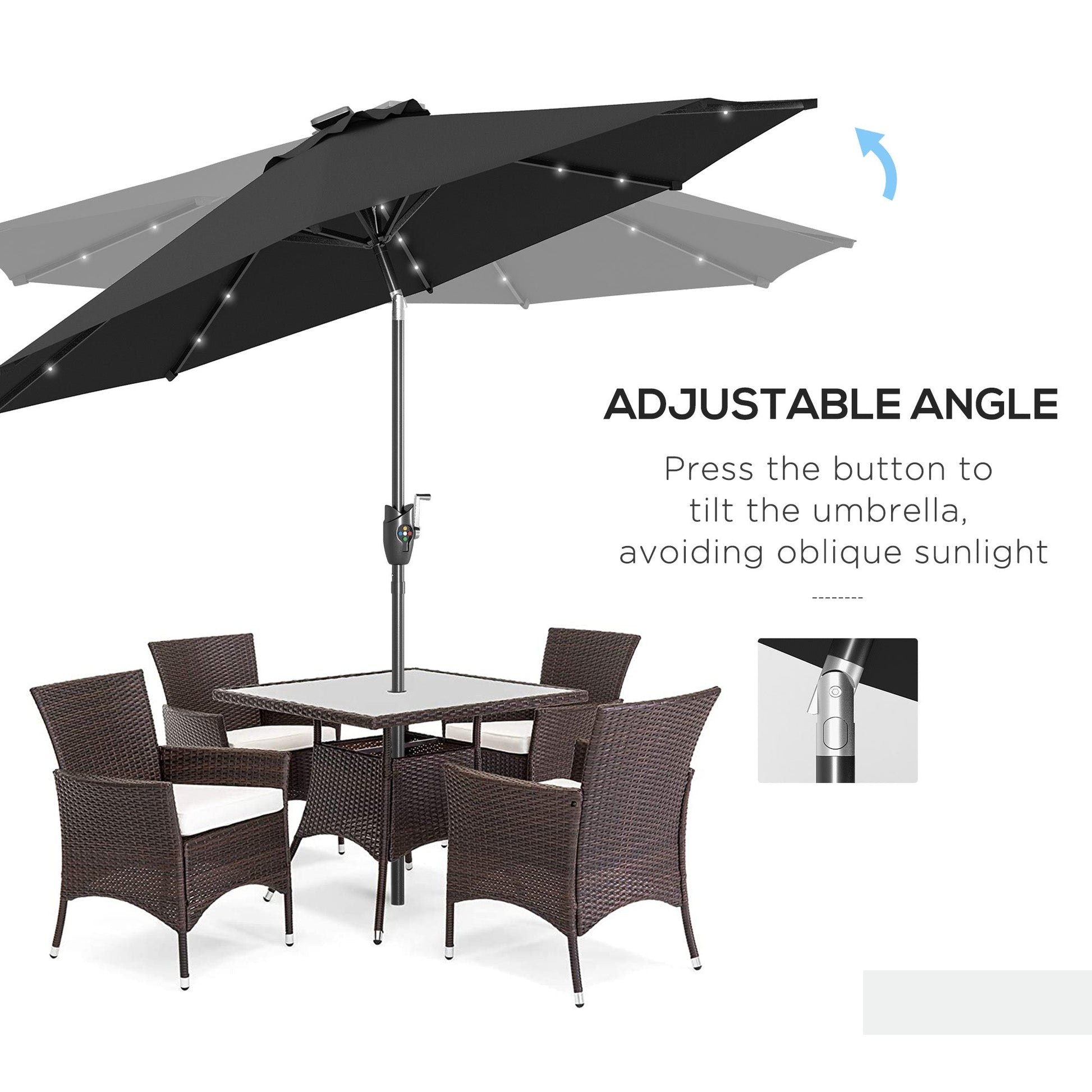 Φ2.7m Garden 24 LED Light Parasol Solar Outdoor Tilt Sun Umbrella Patio Club Party Event Manual Sun Shade w/ Hand Crank and 8 Ribs, Black