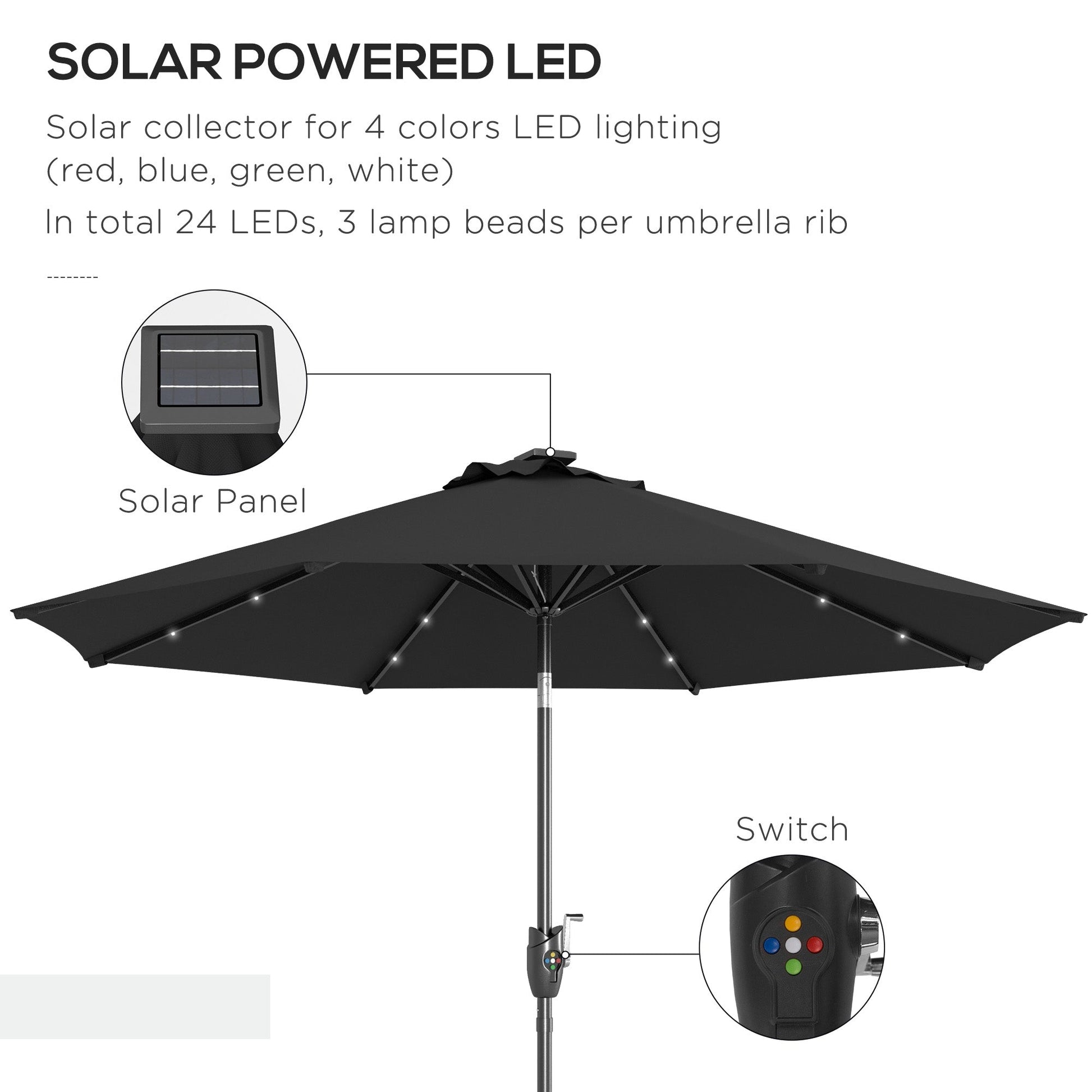 Φ2.7m Garden 24 LED Light Parasol Solar Outdoor Tilt Sun Umbrella Patio Club Party Event Manual Sun Shade w/ Hand Crank and 8 Ribs, Black