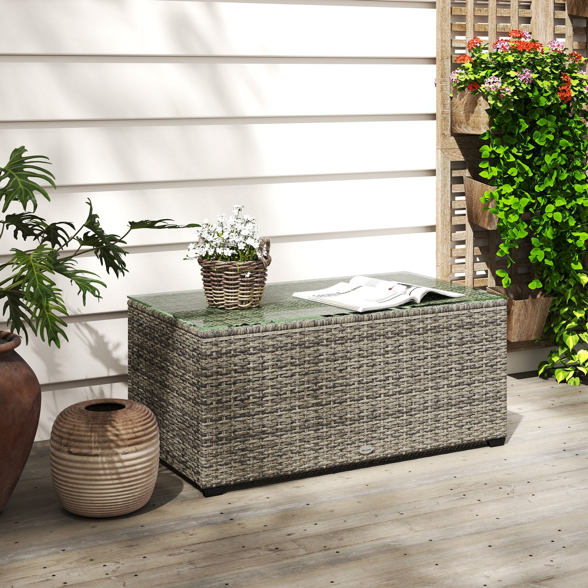 Outdoor Coffee Table, PE Rattan Side Table with Tempered Glass Top, Wicker Rectangular Garden Coffee Table End Table with Steel Frame for Patio, Balcony, 90 x 50 x 38cm, Dark Grey
