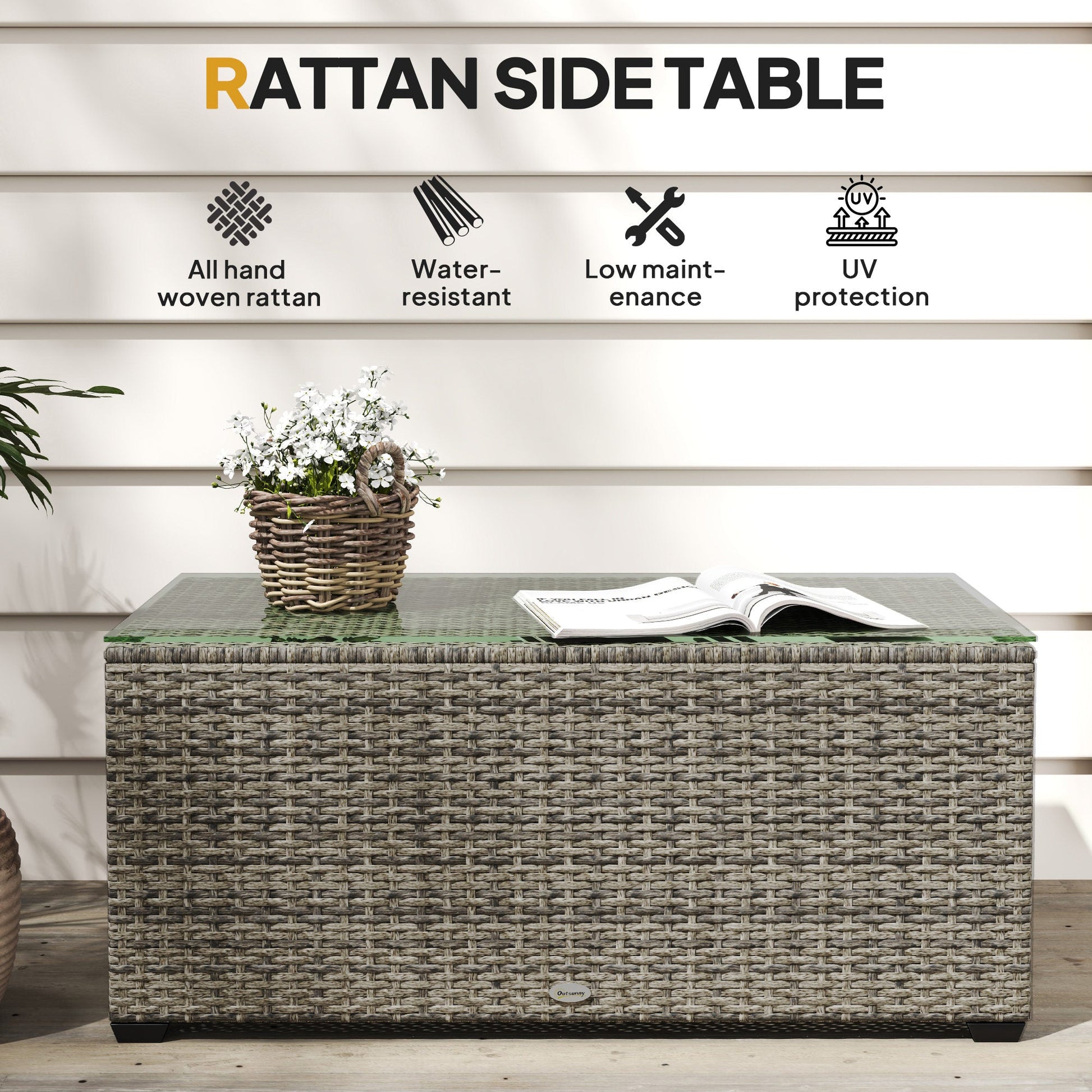 Outdoor Coffee Table, PE Rattan Side Table with Tempered Glass Top, Wicker Rectangular Garden Coffee Table End Table with Steel Frame for Patio, Balcony, 90 x 50 x 38cm, Dark Grey