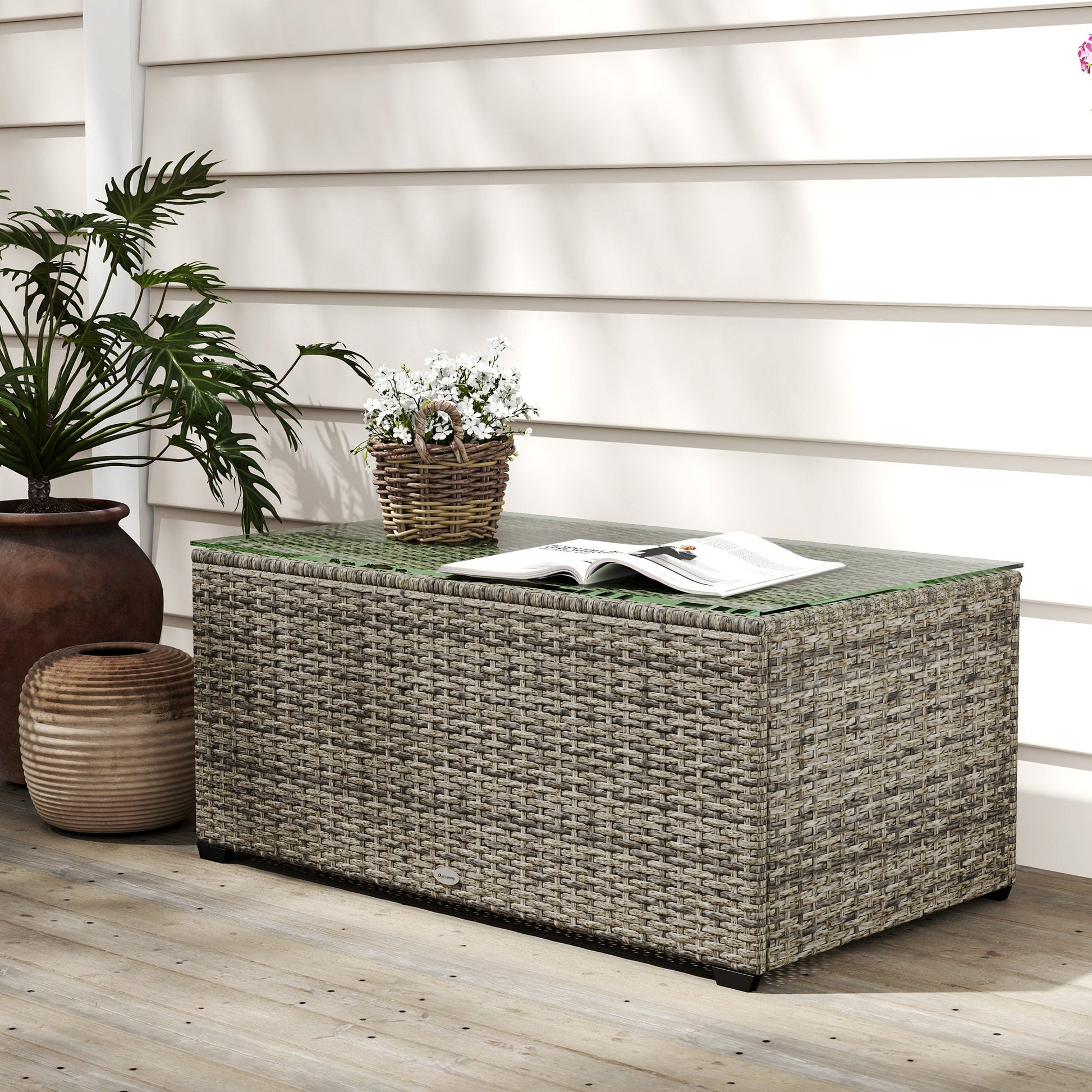 Outdoor Coffee Table, PE Rattan Side Table with Tempered Glass Top, Wicker Rectangular Garden Coffee Table End Table with Steel Frame for Patio, Balcony, 90 x 50 x 38cm, Dark Grey