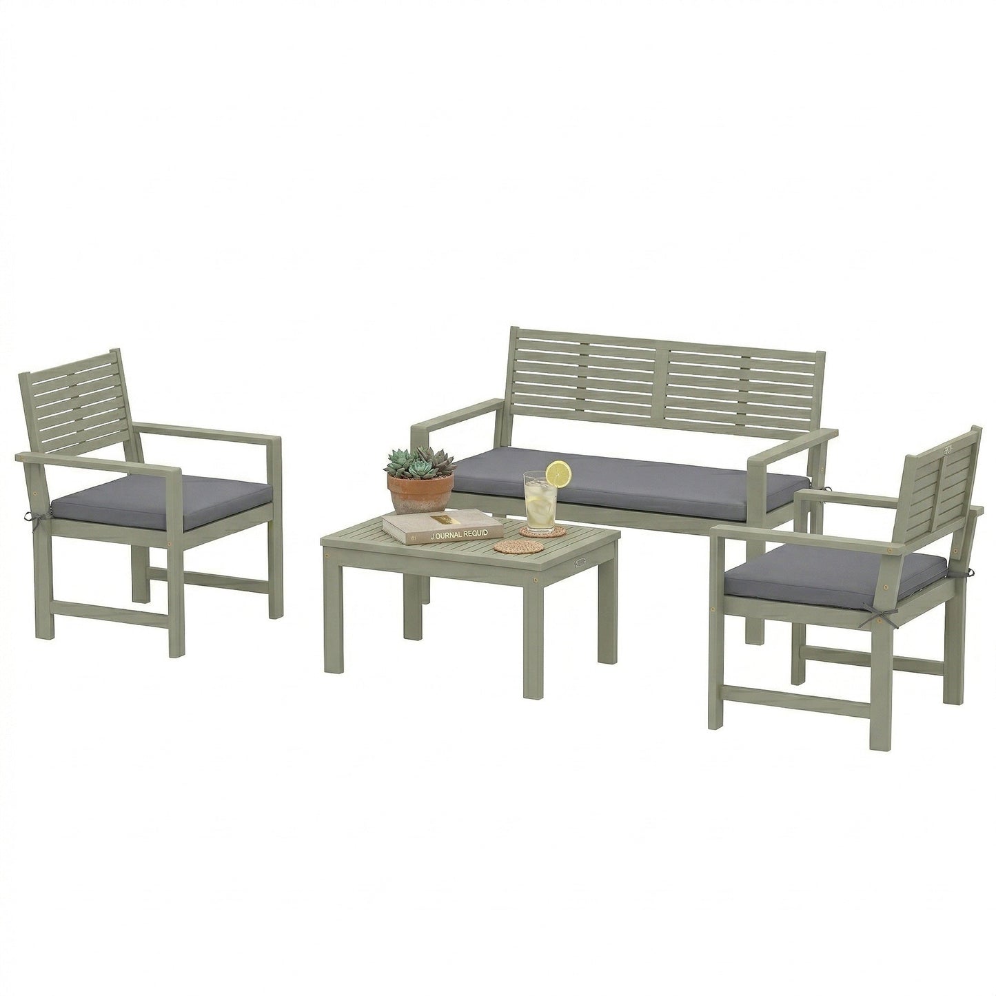 4 Seater Wooden Garden Furniture Set with Loveseat, 2 Armchairs, Wood-Top Table, Acacia Wood Garden Sofa Set with Cushions, Outdoor Furniture Conversation Sets, Light Grey