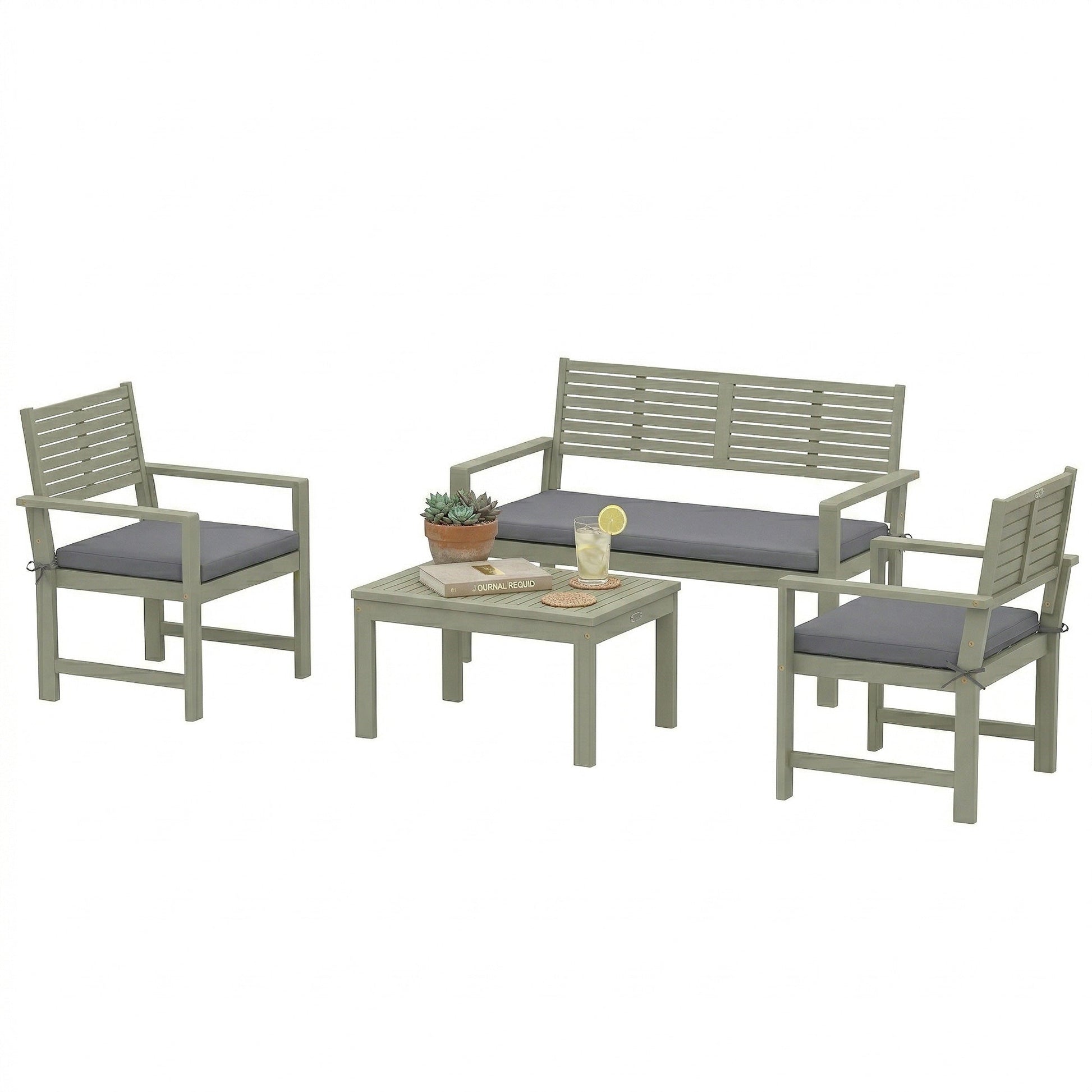4 Seater Wooden Garden Furniture Set with Loveseat, 2 Armchairs, Wood-Top Table, Acacia Wood Garden Sofa Set with Cushions, Outdoor Furniture Conversation Sets, Light Grey