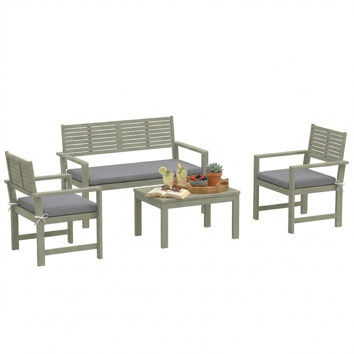4 Seater Wooden Garden Furniture Set with Loveseat, 2 Armchairs, Wood-Top Table, Acacia Wood Garden Sofa Set with Cushions, Outdoor Furniture Conversation Sets, Light Grey