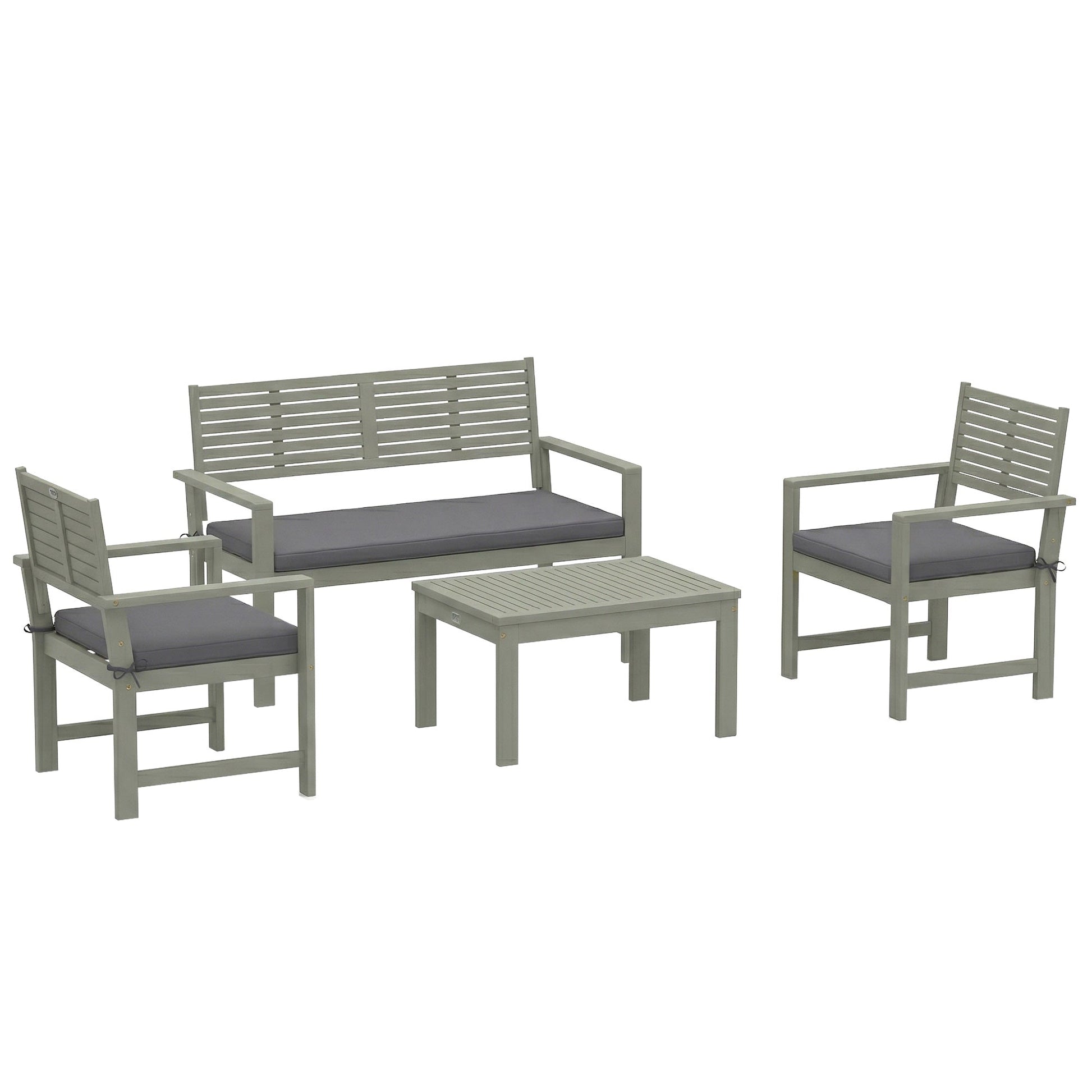 4 Seater Wooden Garden Furniture Set with Loveseat, 2 Armchairs, Wood-Top Table, Acacia Wood Garden Sofa Set with Cushions, Outdoor Furniture Conversation Sets, Light Grey