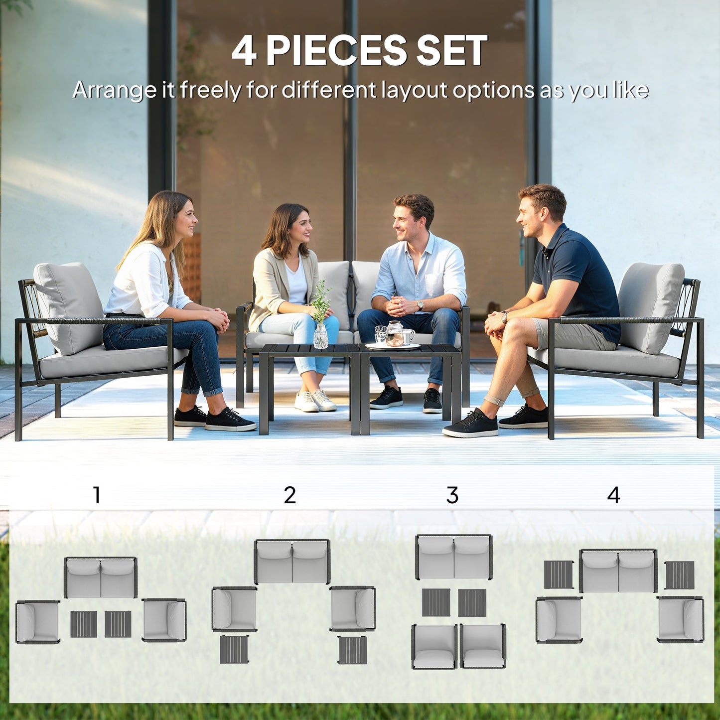 4 Seater Garden Furniture Set, 5 Piece Metal Garden Sofa Set with Thickened Cushions, Outdoor Patio Conversation Furniture with Loveseat, 2 Armchairs, 2 Coffee Tables for Balcony, Light Grey