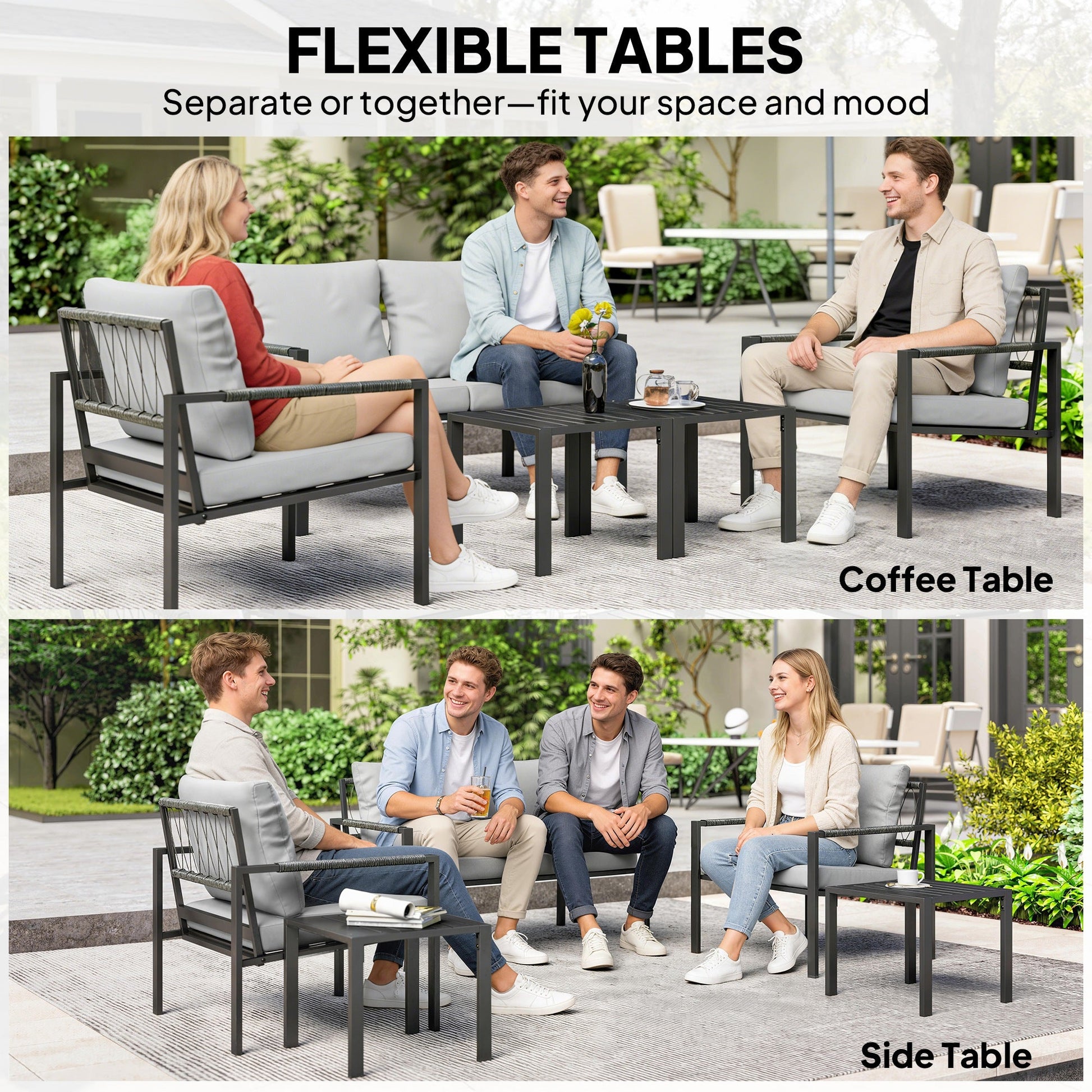 4 Seater Garden Furniture Set, 5 Piece Metal Garden Sofa Set with Thickened Cushions, Outdoor Patio Conversation Furniture with Loveseat, 2 Armchairs, 2 Coffee Tables for Balcony, Light Grey