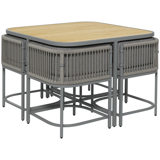 4 Seater Rattan Cube Garden Furniture Set with Cushions, Square Garden Dining Set with Stone Composite Board Top Table, Wicker Outdoor Table and Chairs, Grey