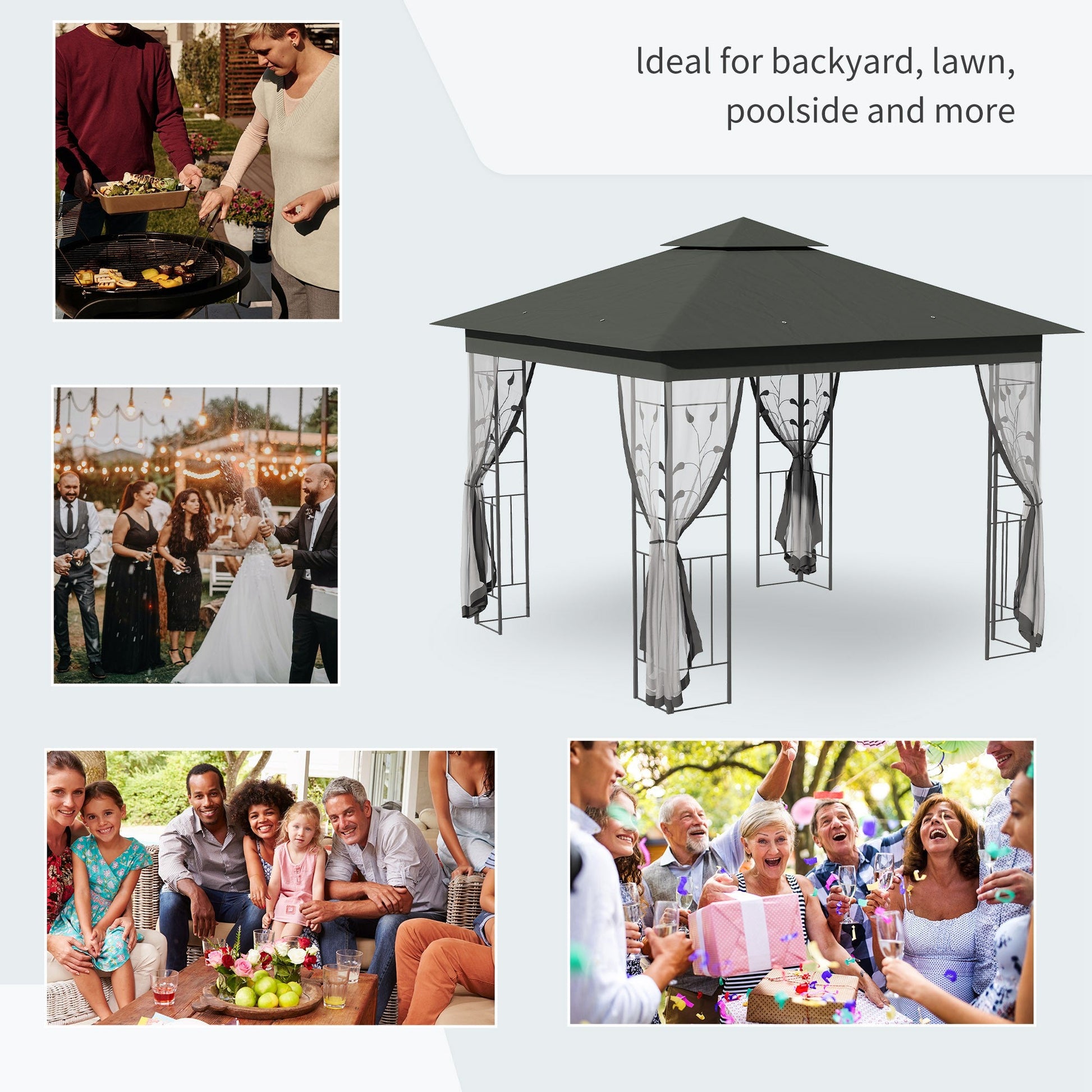 3(m) x 3(m) Garden Gazebo, Double Roof Outdoor Gazebo Canopy Shelter with Netting, Solid Steel Frame, for Garden, Lawn and Deck, Grey