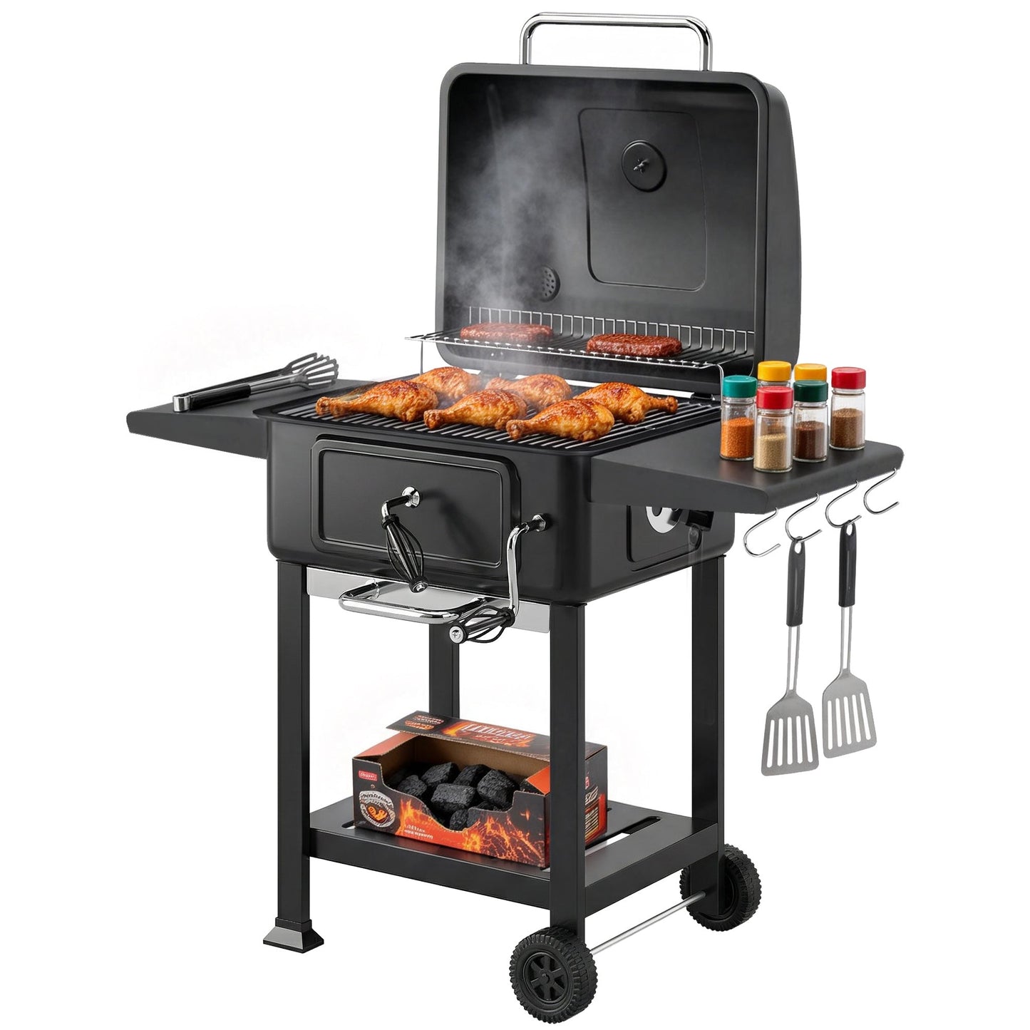 Charcoal BBQ Grill with Adjustable Charcoal Pan, Large Barbecue Grill Smoker with Warming Rack, Side Tables, Chimney, Vents, Wheels and Temperature Gauge, Portable for Outdoor Cooking, Black