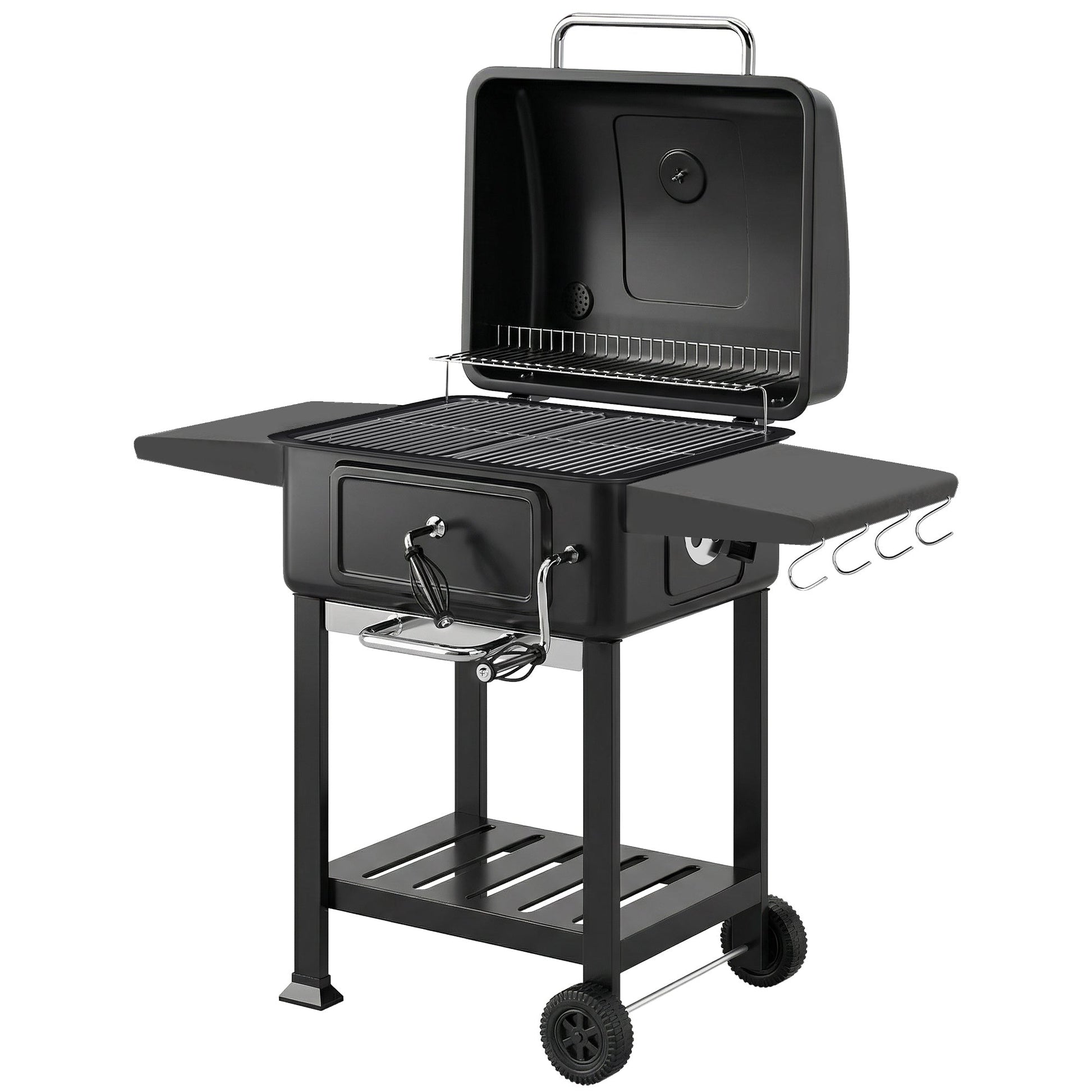 Charcoal BBQ Grill with Adjustable Charcoal Pan, Large Barbecue Grill Smoker with Warming Rack, Side Tables, Chimney, Vents, Wheels and Temperature Gauge, Portable for Outdoor Cooking, Black
