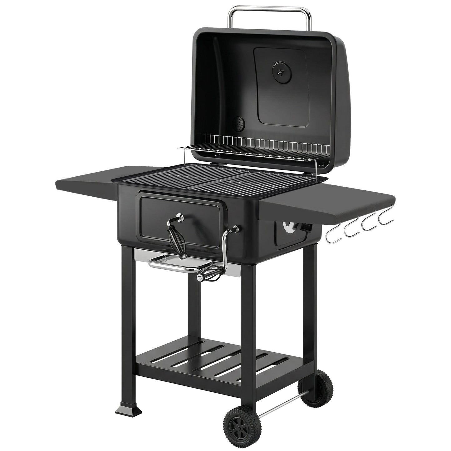 Charcoal BBQ Grill with Adjustable Charcoal Pan, Large Barbecue Grill Smoker with Warming Rack, Side Tables, Chimney, Vents, Wheels and Temperature Gauge, Portable for Outdoor Cooking, Black