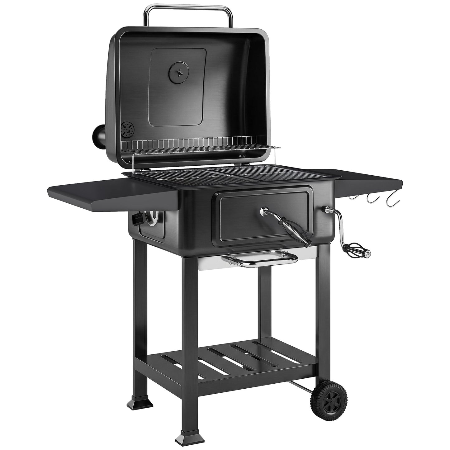 Charcoal BBQ Grill with Adjustable Charcoal Pan, Large Barbecue Grill Smoker with Warming Rack, Side Tables, Chimney, Vents, Wheels and Temperature Gauge, Portable for Outdoor Cooking, Black