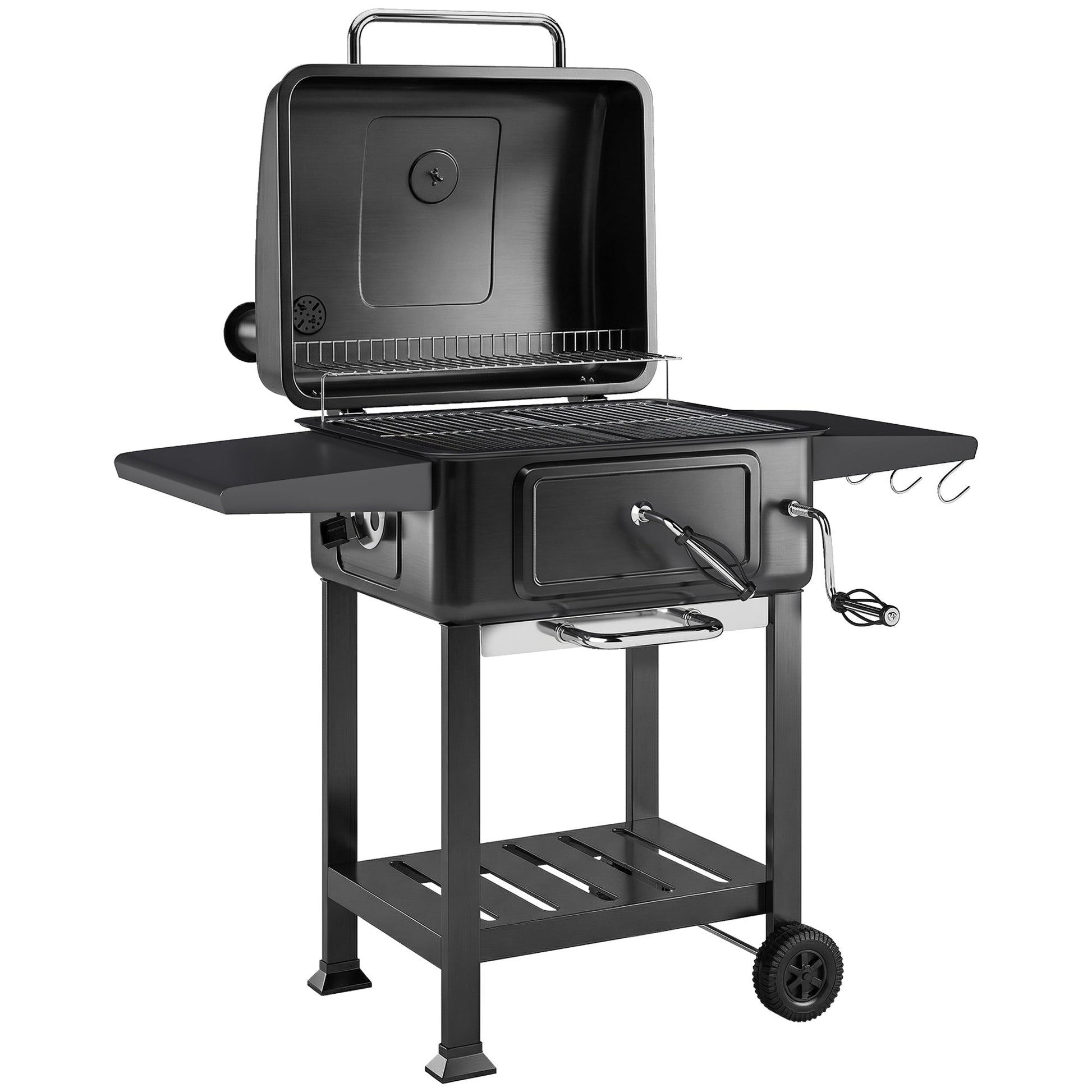 Charcoal BBQ Grill with Adjustable Charcoal Pan, Large Barbecue Grill Smoker with Warming Rack, Side Tables, Chimney, Vents, Wheels and Temperature Gauge, Portable for Outdoor Cooking, Black