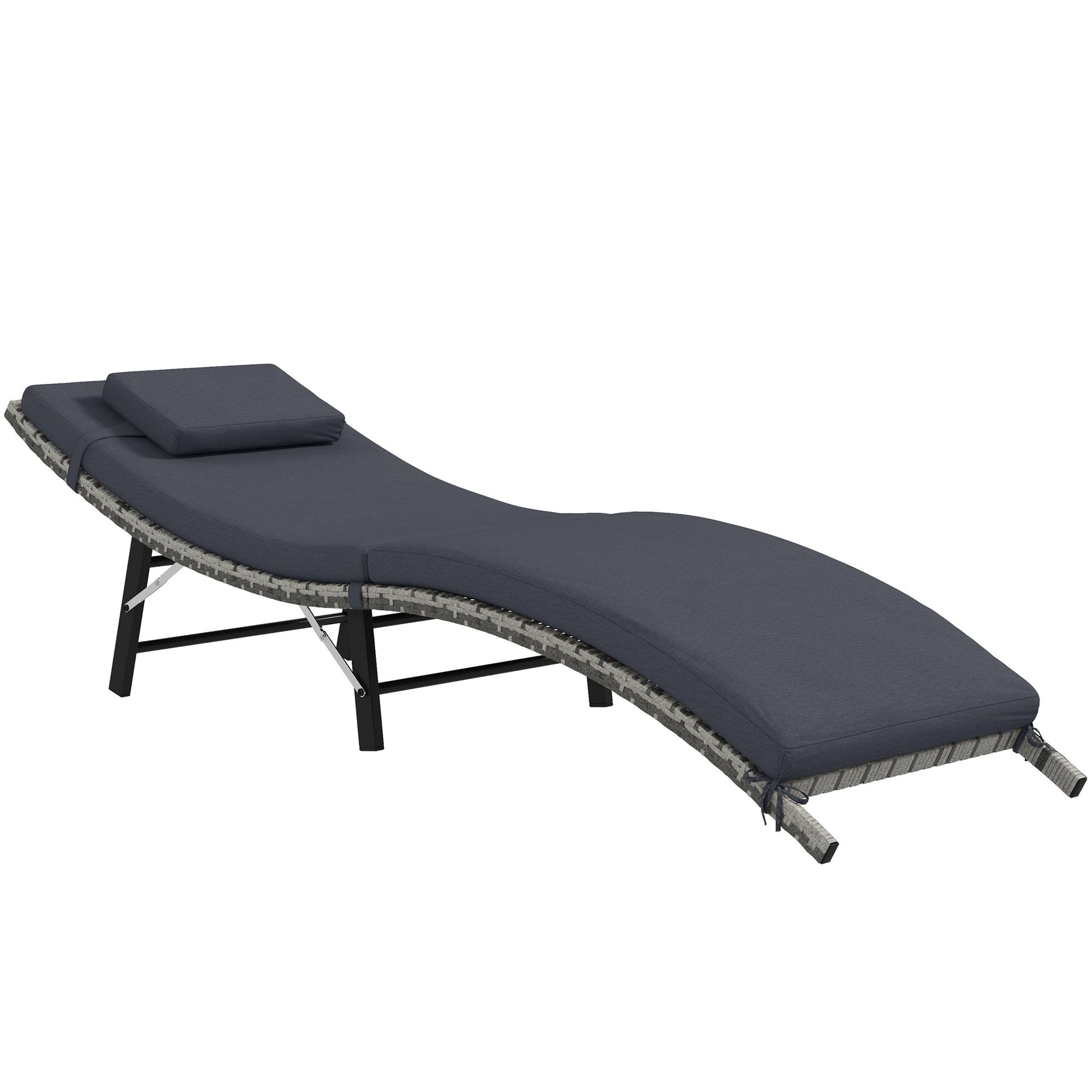 Folding Rattan Sun Lounger, Wicker Garden Lounger with Cushion and Pillow, Outdoor Sunbed with Steel Frame for Patio, Beach, Terrace, Grey