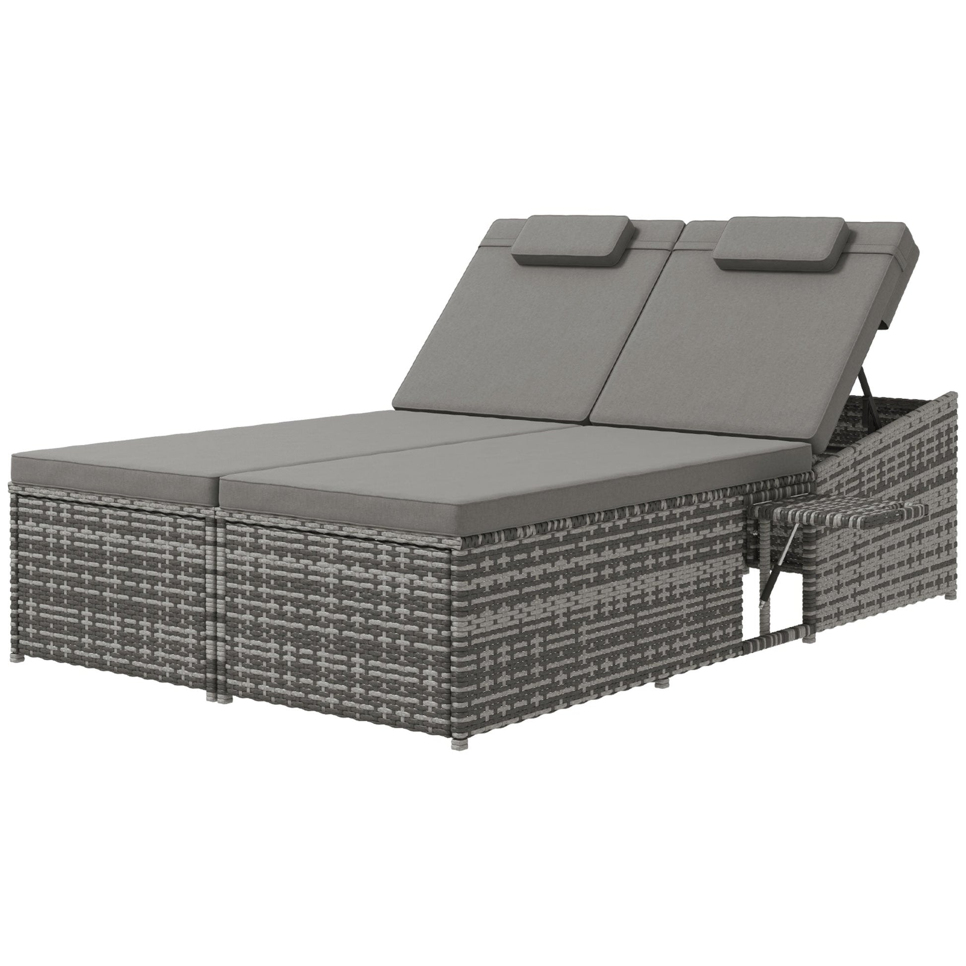 2 Seater Double Rattan Sun Lounger Recliner Day Bed Outdoor Wicker Weave Furniture Sofa w/ Fire Retardant Cushions – Grey