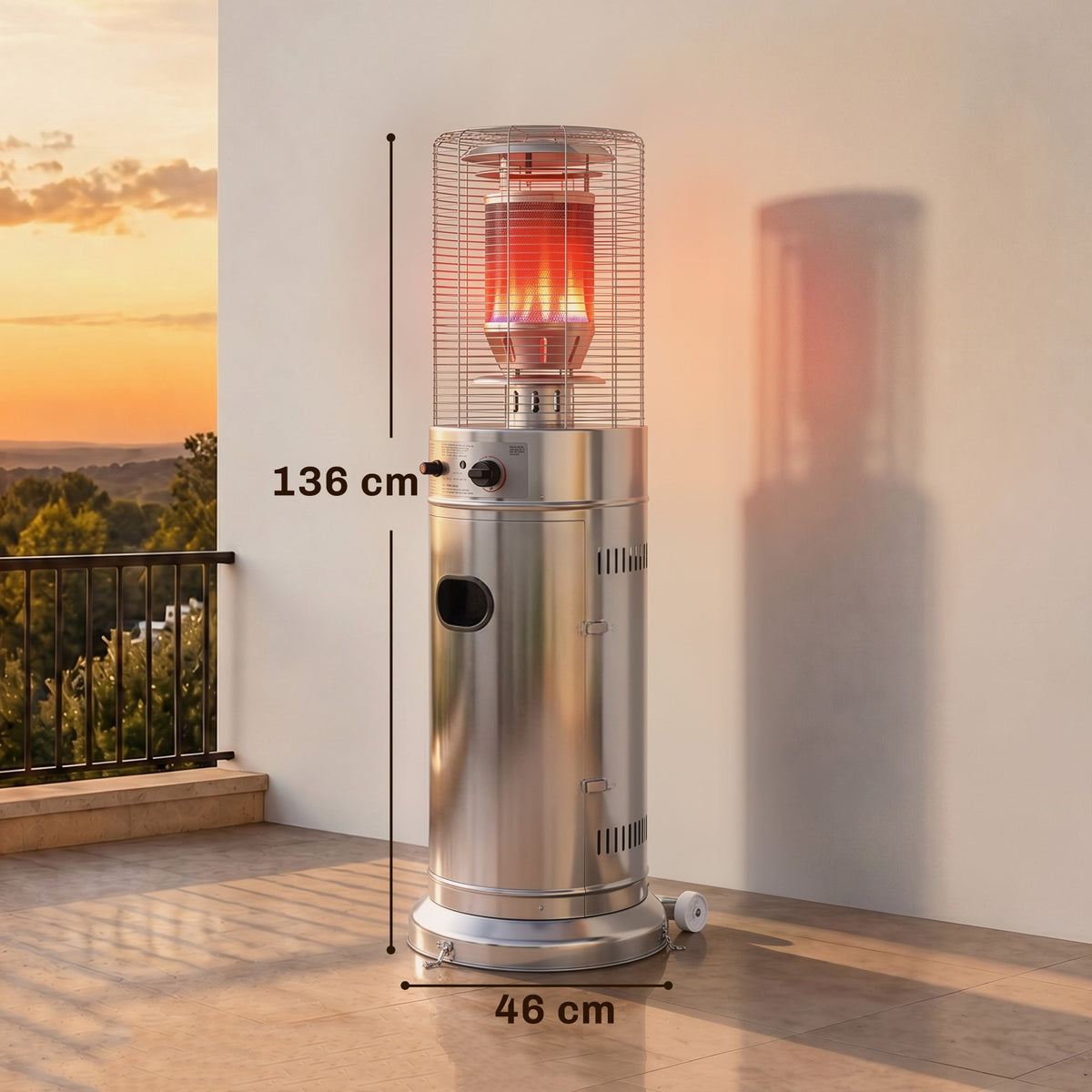 Gas Patio Heater, 13 kW Stainless Steel Portable Propane Outdoor Heater with Stepless Heat Control, Pulse Ignition, Protective Mesh, Tip-over Protection, 2 Wheels for Garden, Silver