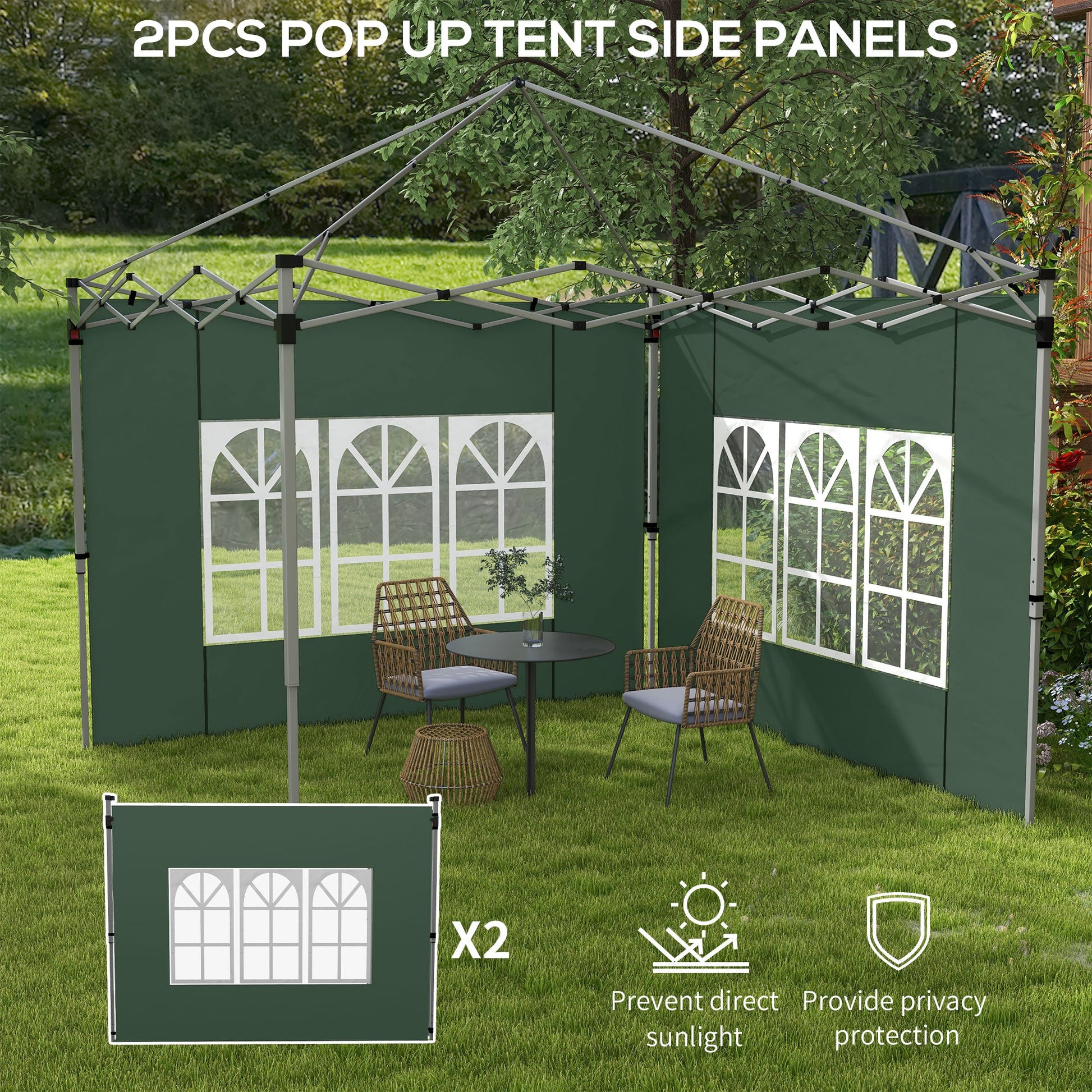 Gazebo Side Panels with Window for 3x3(m) or 3x4m Pop Up Gazebo, 2 Pack Sides Replacement, Green