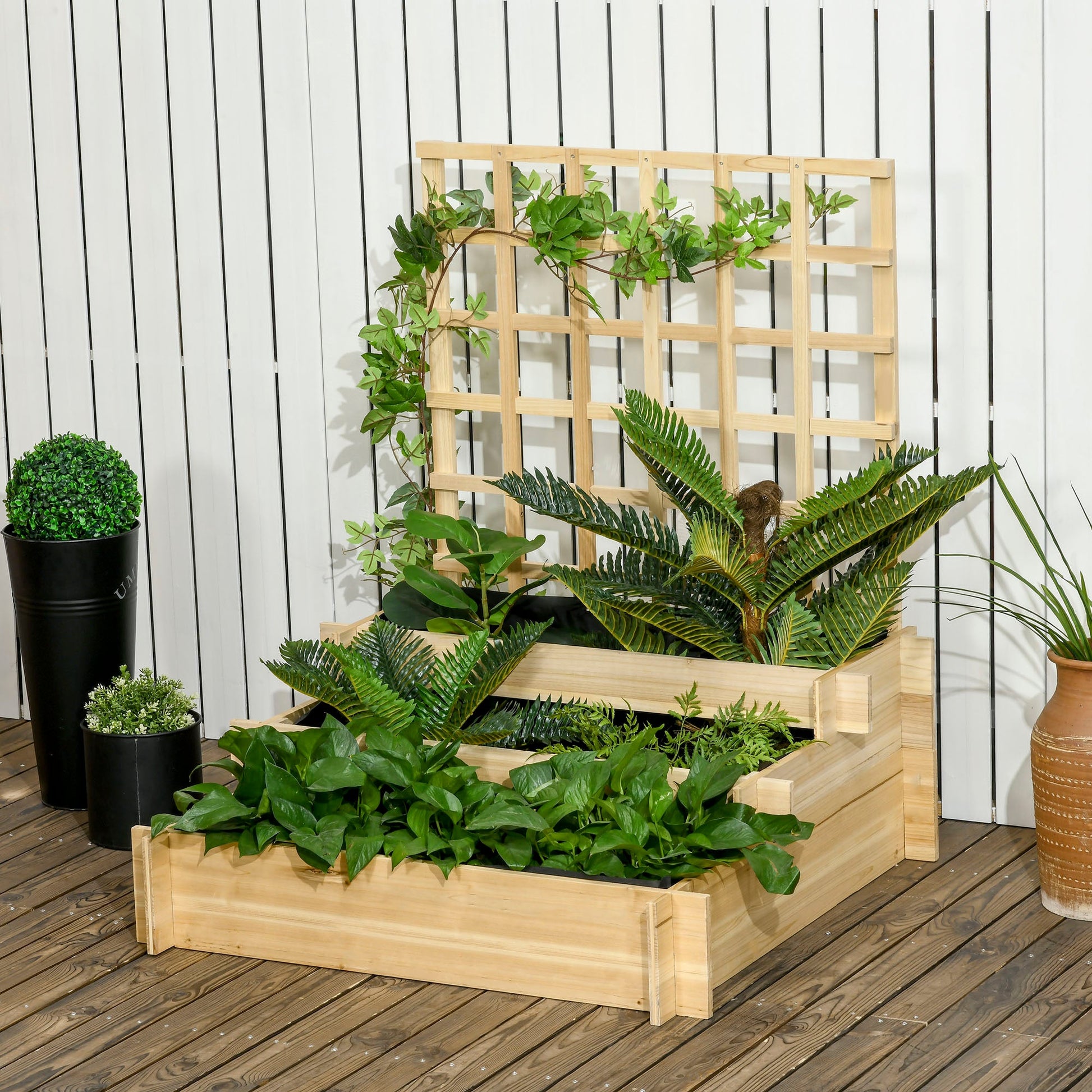 3 Tier Planters with Trellis for Vine Climbing, Wooden Raised Beds for Garden Patio, Outdoor Planter Box for Vegetables, Flowers, Herbs, Natural Tone