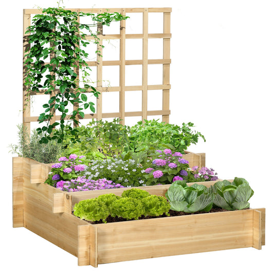 3 Tier Planters with Trellis for Vine Climbing, Wooden Raised Beds for Garden Patio, Outdoor Planter Box for Vegetables, Flowers, Herbs, Natural Tone