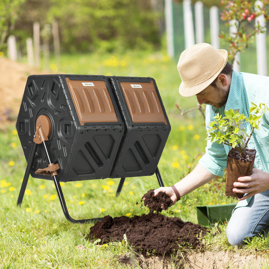 Dual Chamber Garden Compost Bin, 130L Rotating Composter, Compost Maker with Ventilation Openings and Steel Legs, Dark Brown and Black
