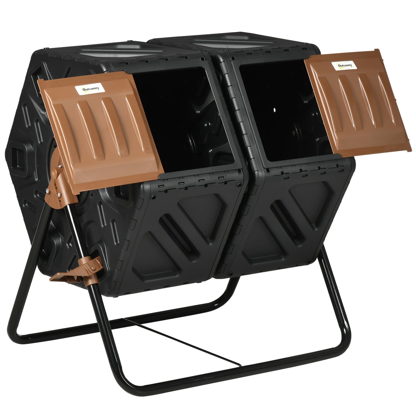 Dual Chamber Garden Compost Bin, 130L Rotating Composter, Compost Maker with Ventilation Openings and Steel Legs, Dark Brown and Black