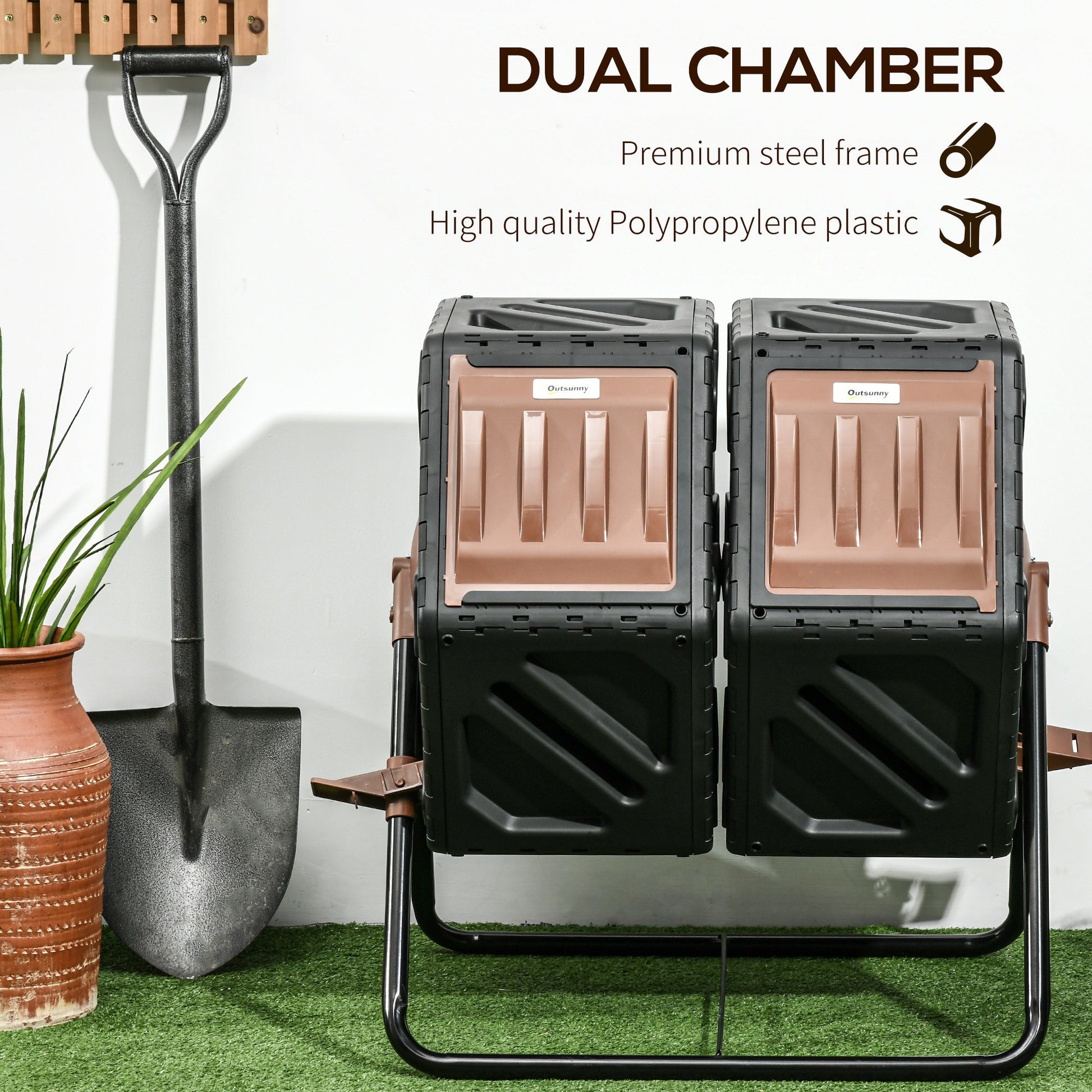 Dual Chamber Garden Compost Bin, 130L Rotating Composter, Compost Maker with Ventilation Openings and Steel Legs, Dark Brown and Black