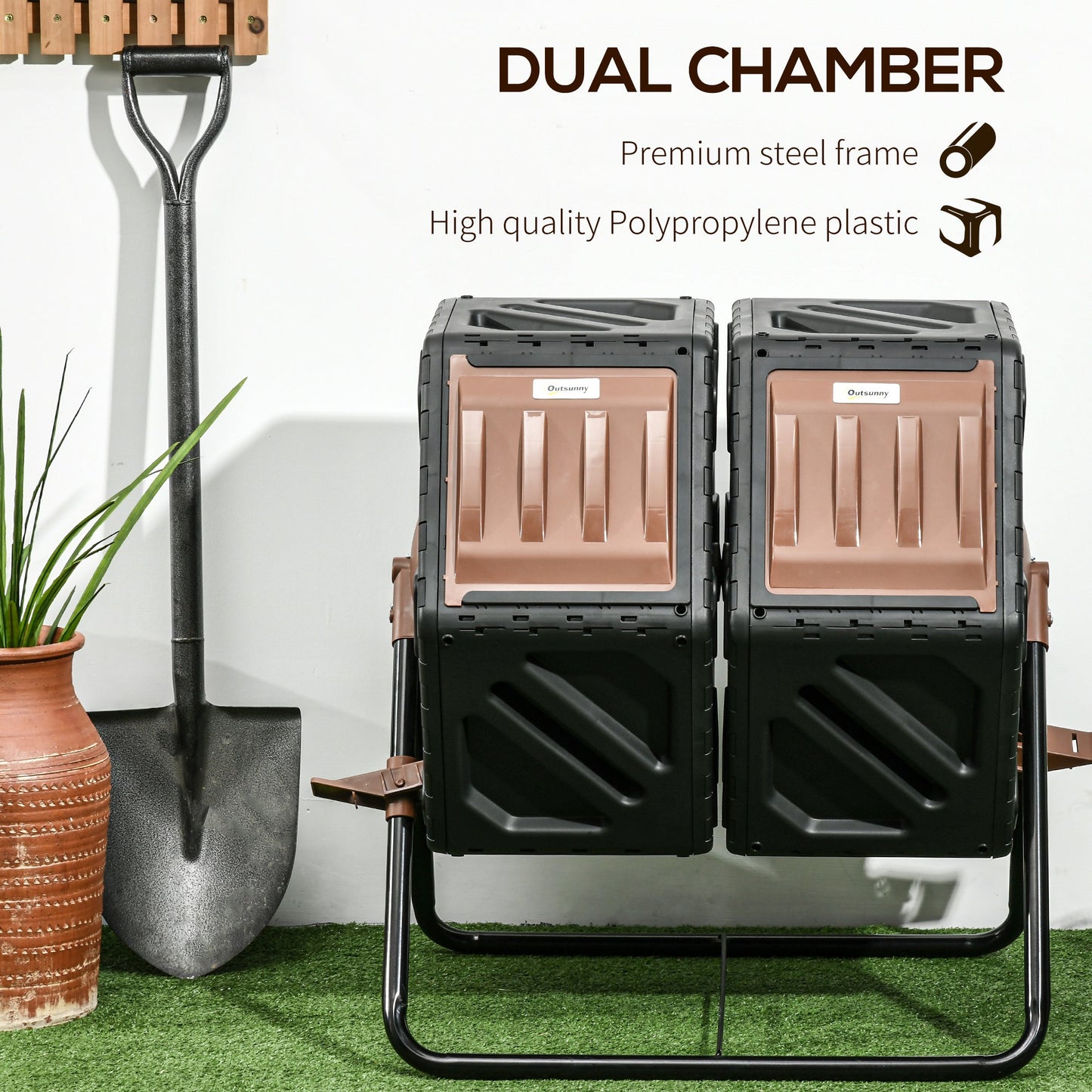 Dual Chamber Garden Compost Bin, 130L Rotating Composter, Compost Maker with Ventilation Openings and Steel Legs, Dark Brown and Black